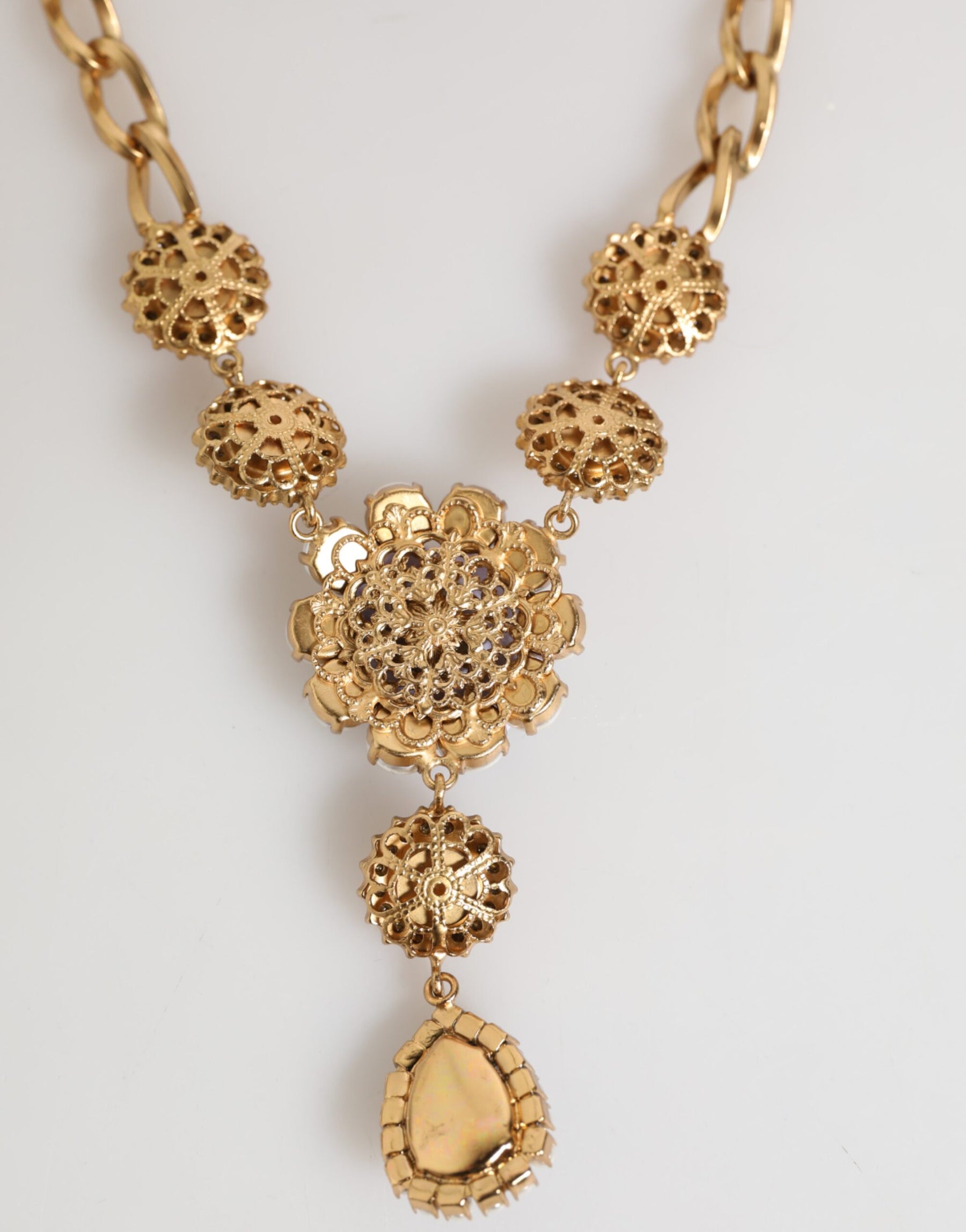 Dolce & Gabbana Gold Brass Crystal Pearl Purple Floral Pendant Jewelry Necklace | Regal Royce