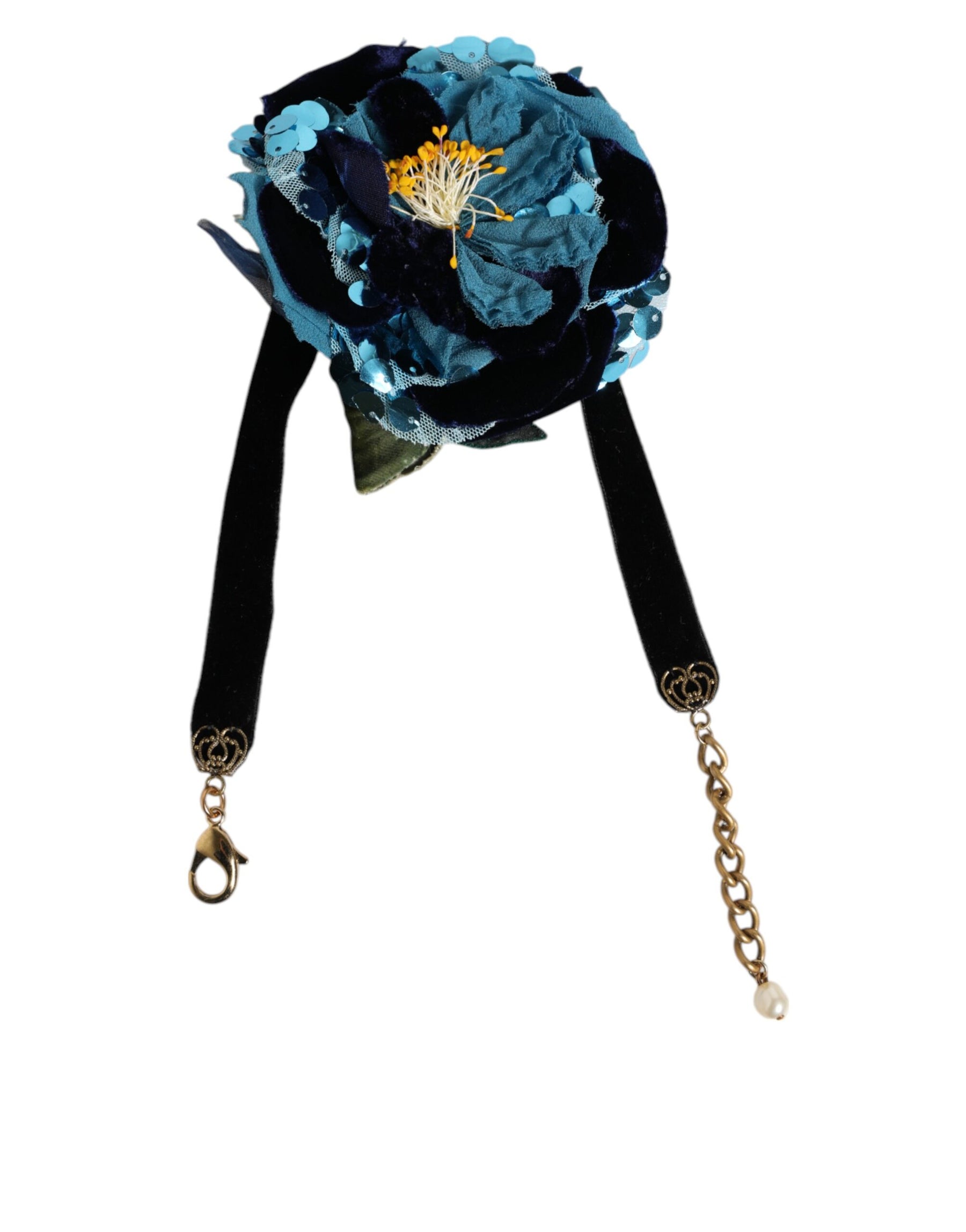 Dolce & Gabbana Blue Floral Appliqué Velvet Choker Crystal Beads Necklace | Regal Royce
