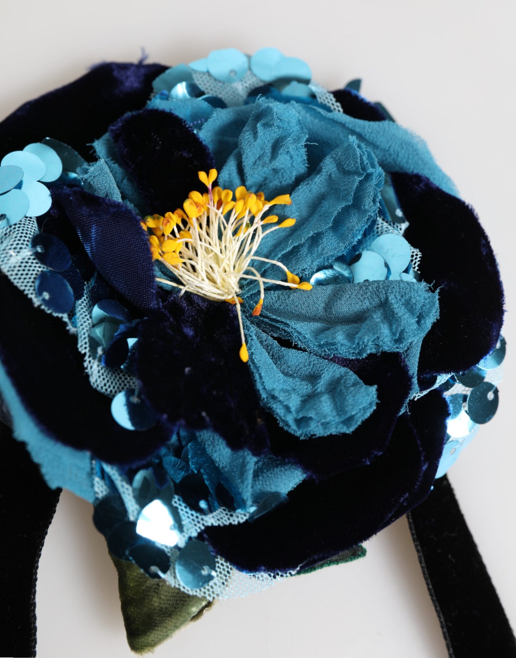 Dolce & Gabbana Blue Floral Appliqué Velvet Choker Crystal Beads Necklace | Regal Royce