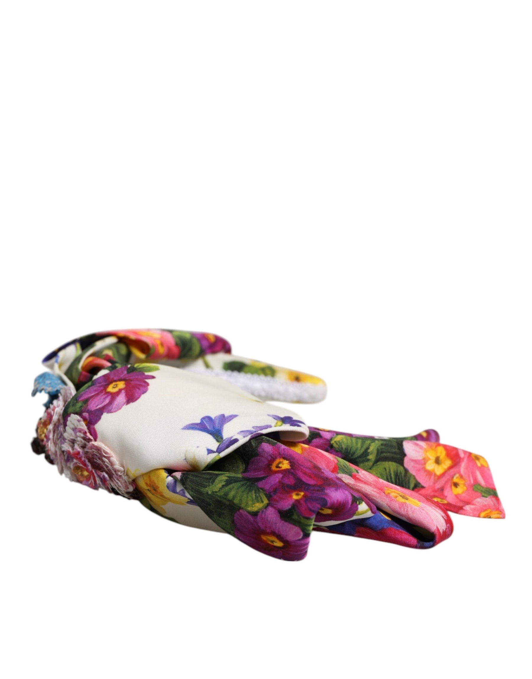Dolce & Gabbana White Multicolor Floral Silk Bow Crystal Embellished Headband | Regal Royce