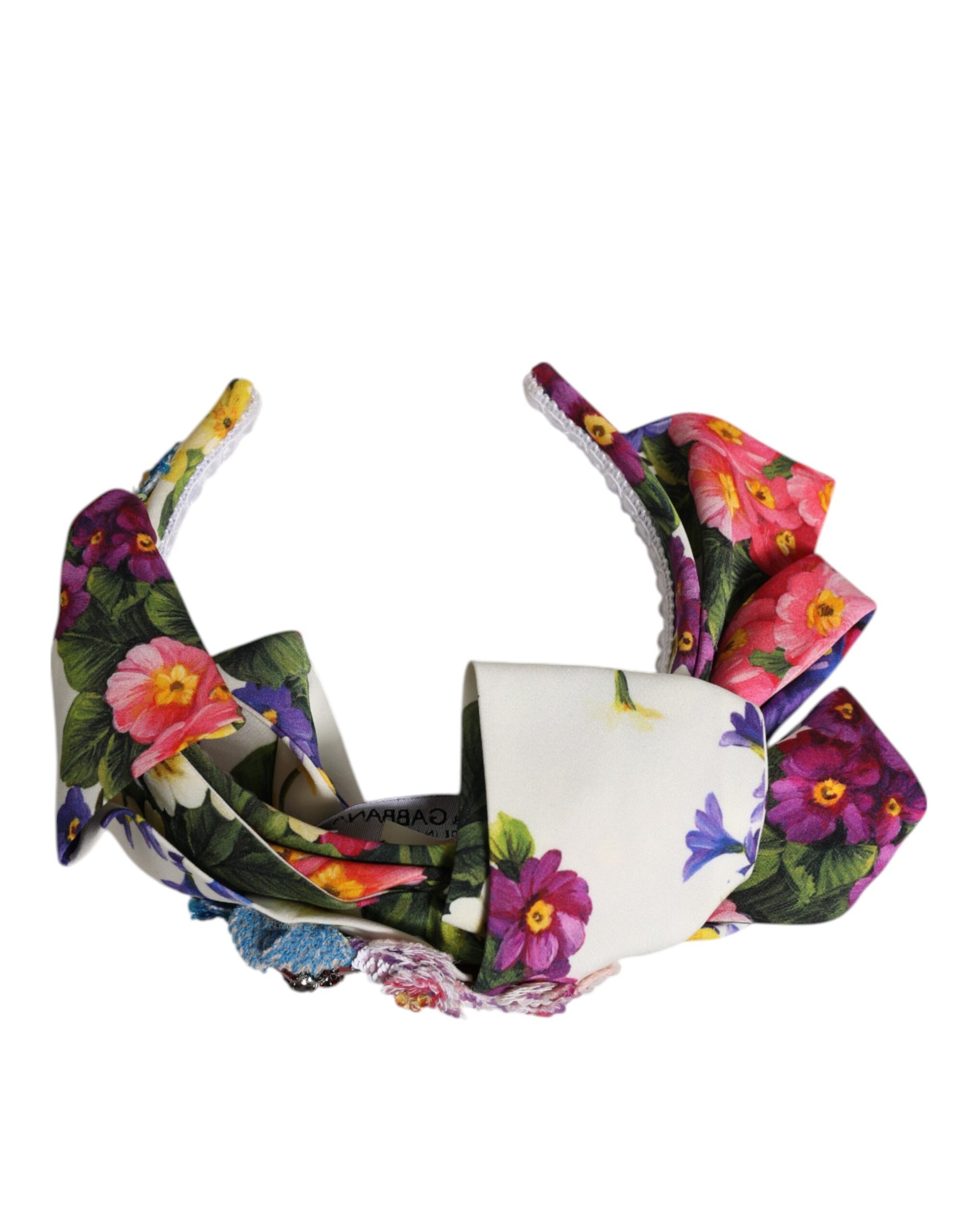 Dolce & Gabbana White Multicolor Floral Silk Bow Crystal Embellished Headband | Regal Royce