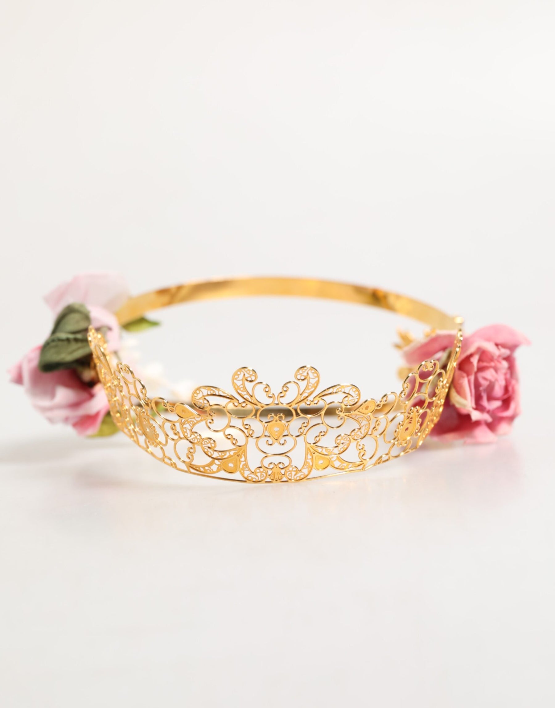 Dolce & Gabbana Gold Floral Tiara Pink Roses Crystal Crown Headband | Regal Royce