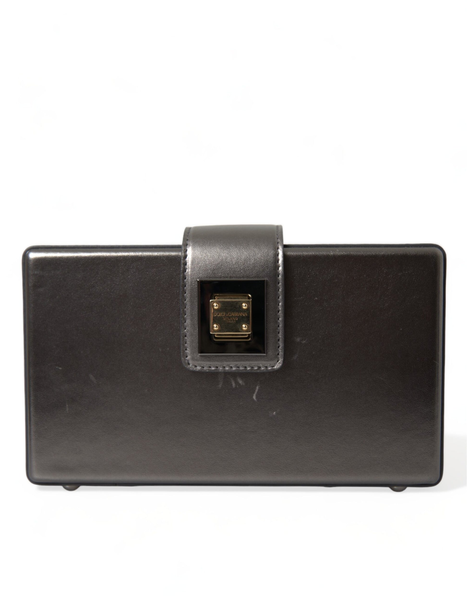 Dolce & Gabbana Steel Gray Leather Box Shape Shoulder Gold DG Logo Plaque Bag