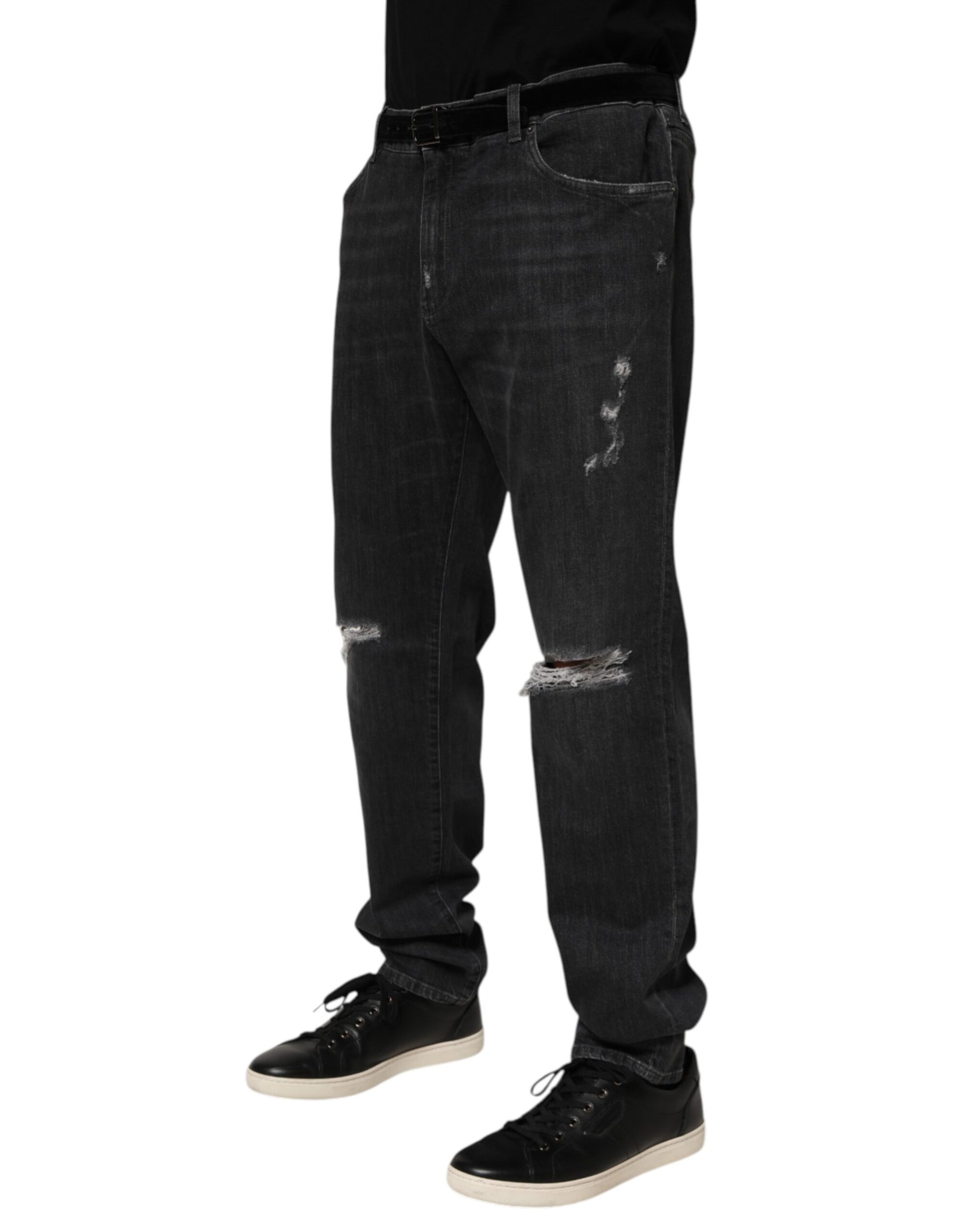 Dolce & Gabbana Black Cotton Slim Fit Distressed Ripped Logo Jeans | Regal Royce