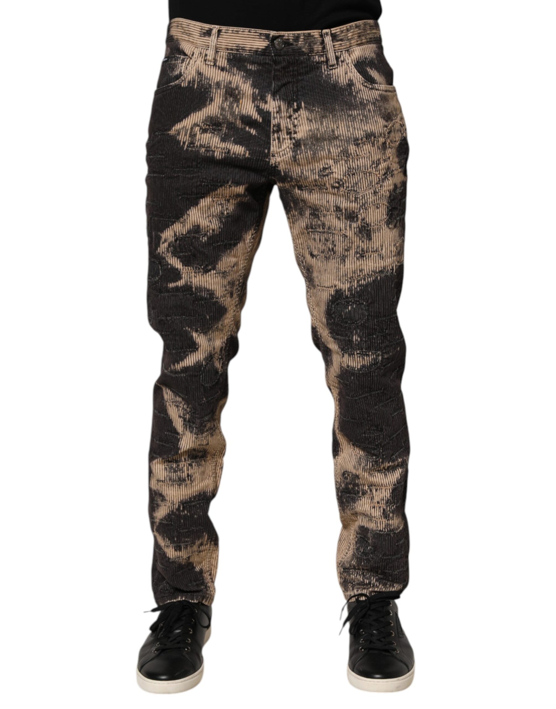 Dolce & Gabbana Beige Black Corduroy Tie-Dye Cotton Blend Pants | Regal Royce
