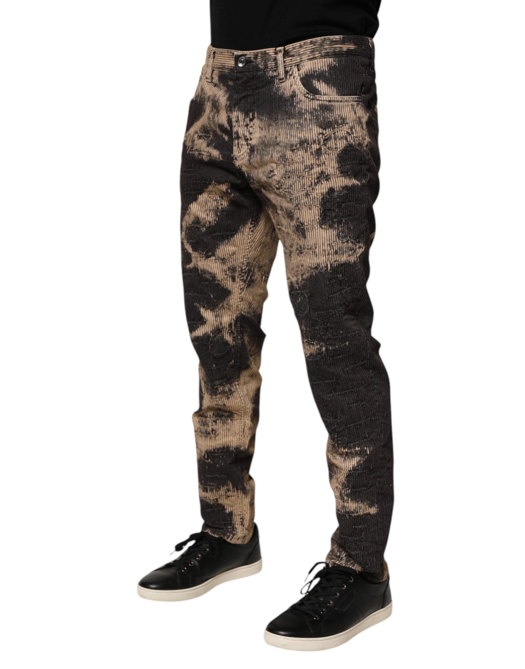 Dolce & Gabbana Beige Black Corduroy Tie-Dye Cotton Blend Pants | Regal Royce