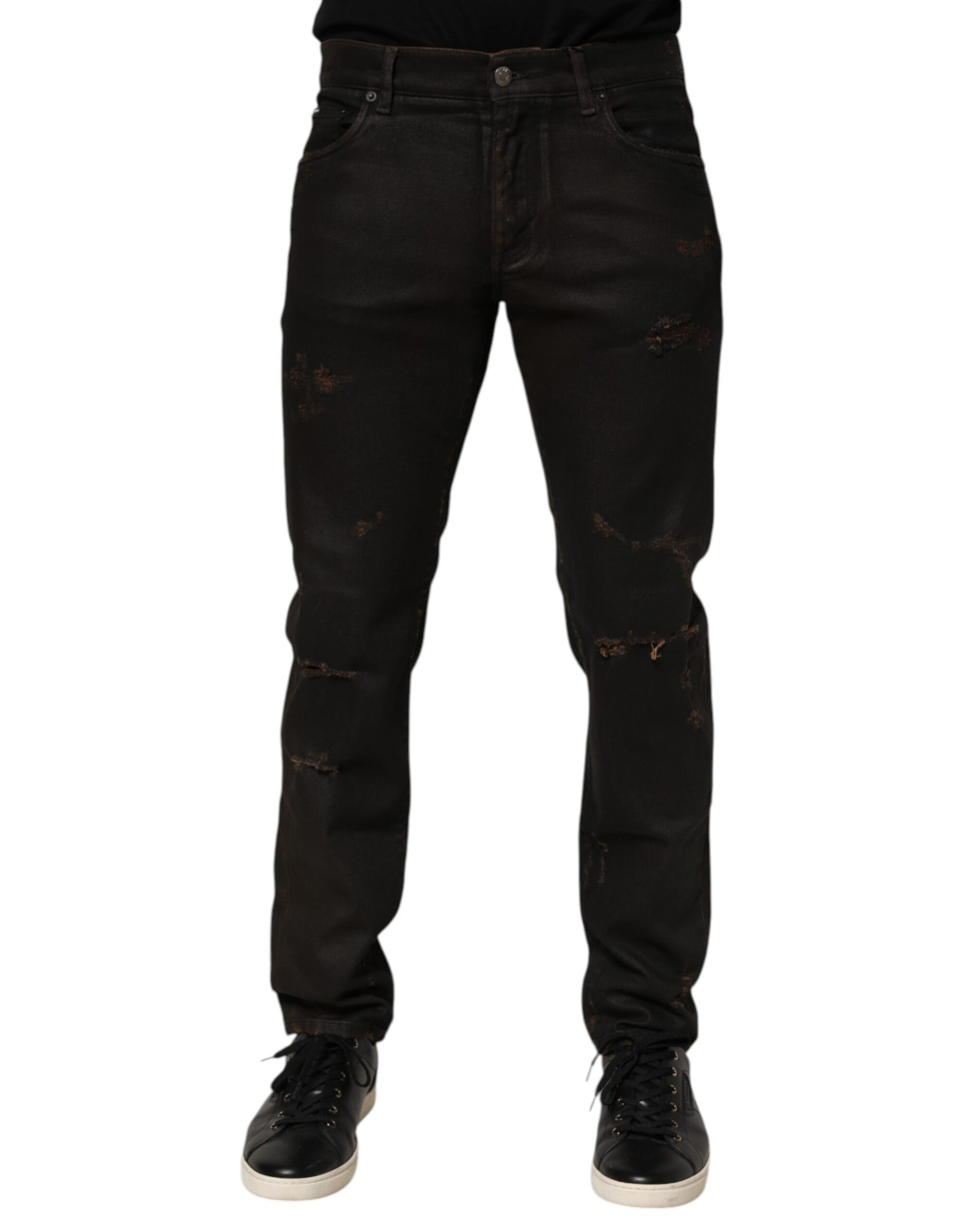 Dolce & Gabbana Dark Brown Tattered Cotton Skinny Denim Jeans | Regal Royce