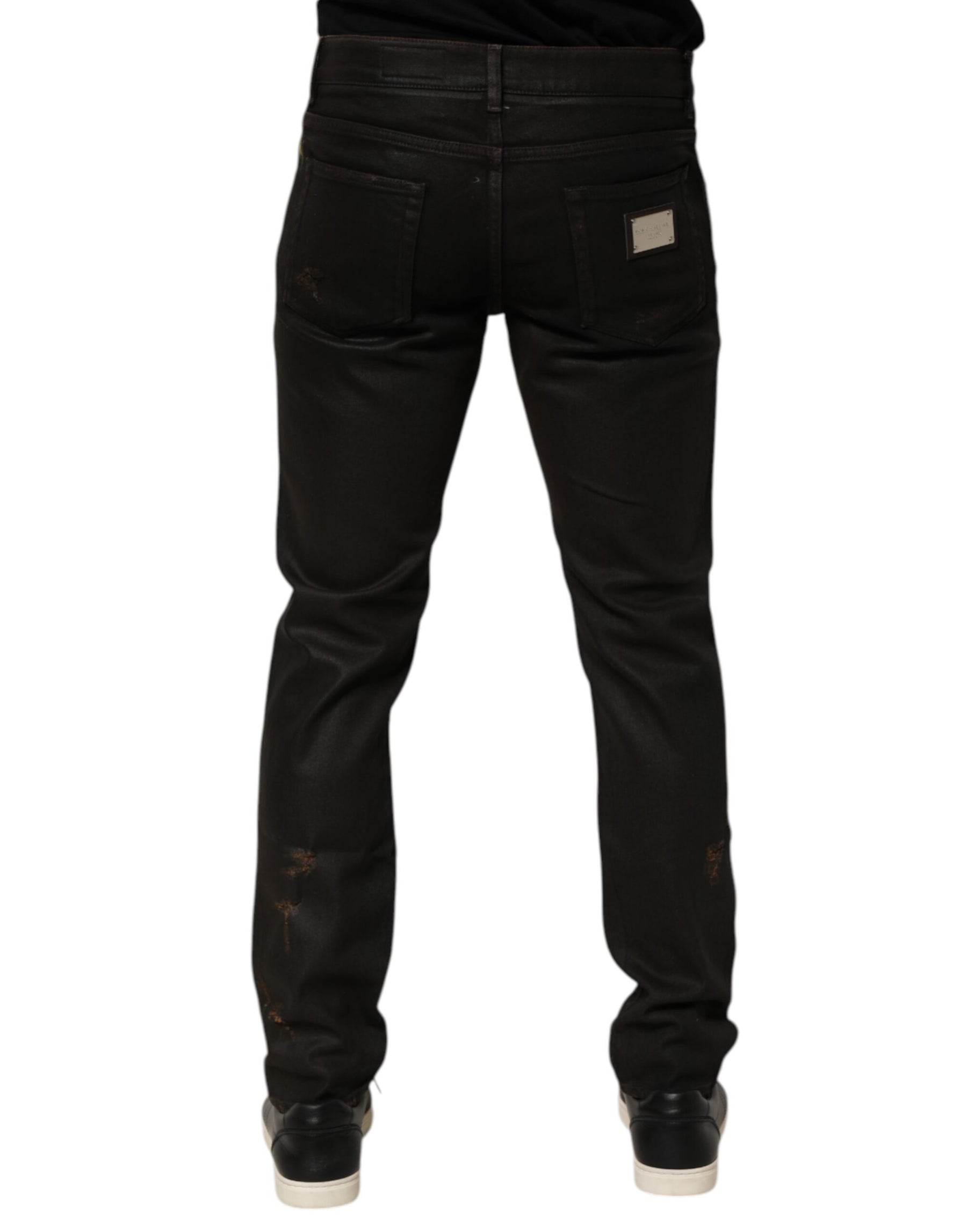 Dolce & Gabbana Dark Brown Tattered Cotton Skinny Denim Jeans | Regal Royce