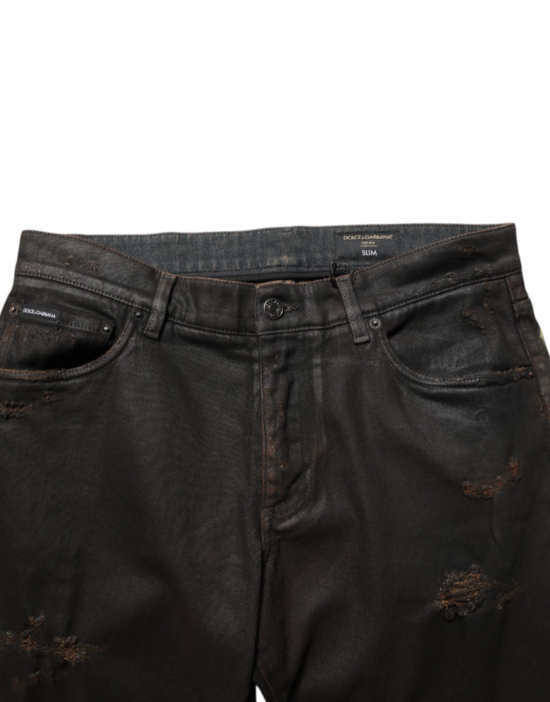 Dolce & Gabbana Dark Brown Tattered Cotton Skinny Denim Jeans | Regal Royce