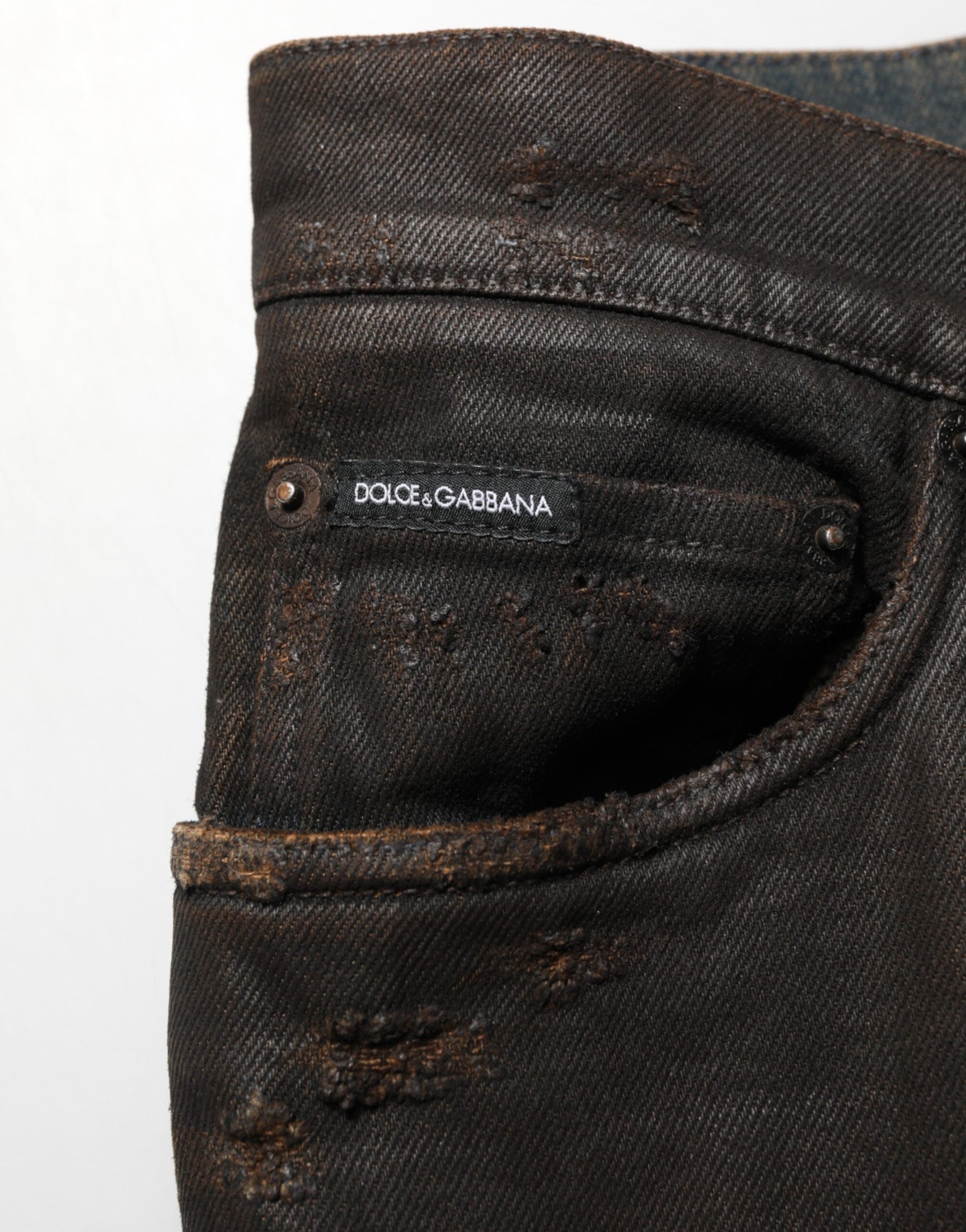 Dolce & Gabbana Dark Brown Tattered Cotton Skinny Denim Jeans | Regal Royce