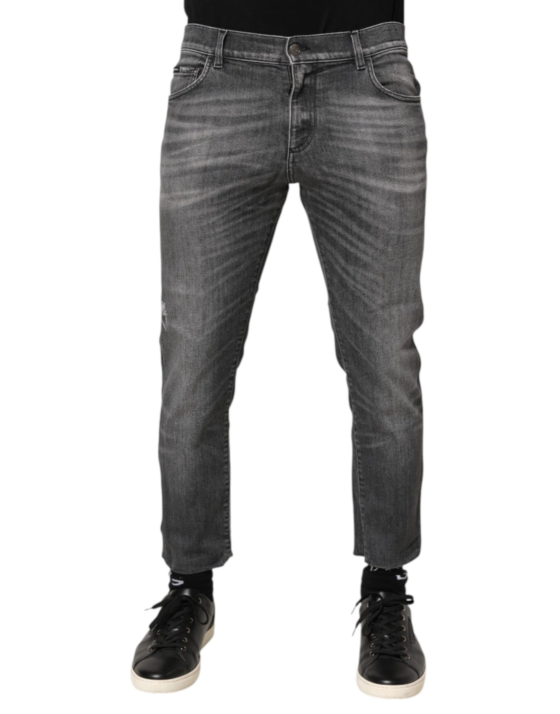 Dolce & Gabbana Grey Cotton Denim Slim Fit Distressed Pants Jeans | Regal Royce