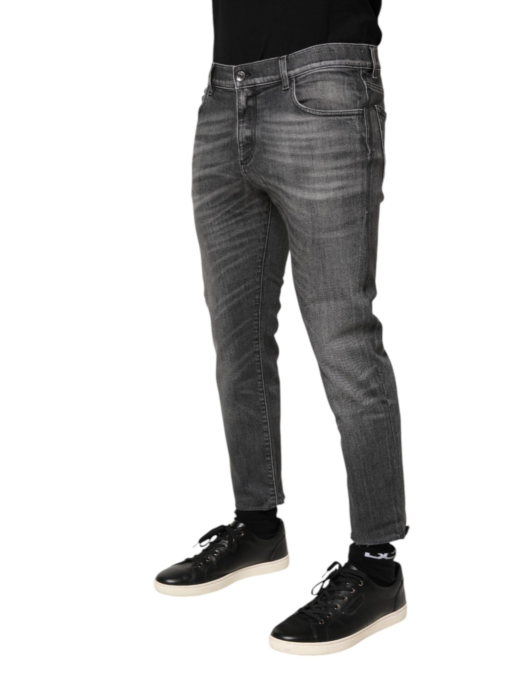 Dolce & Gabbana Grey Cotton Denim Slim Fit Distressed Pants Jeans | Regal Royce