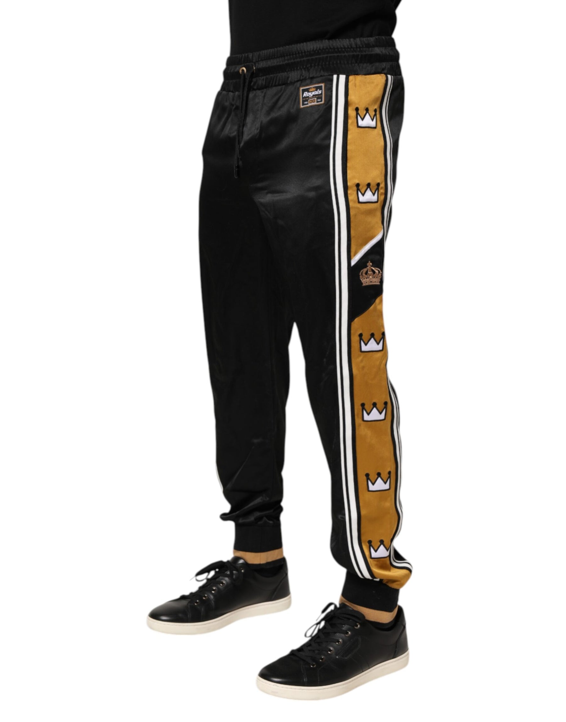 Dolce & Gabbana Black Gold Satin Crown Side Stripe Jogger Pants | Regal Royce