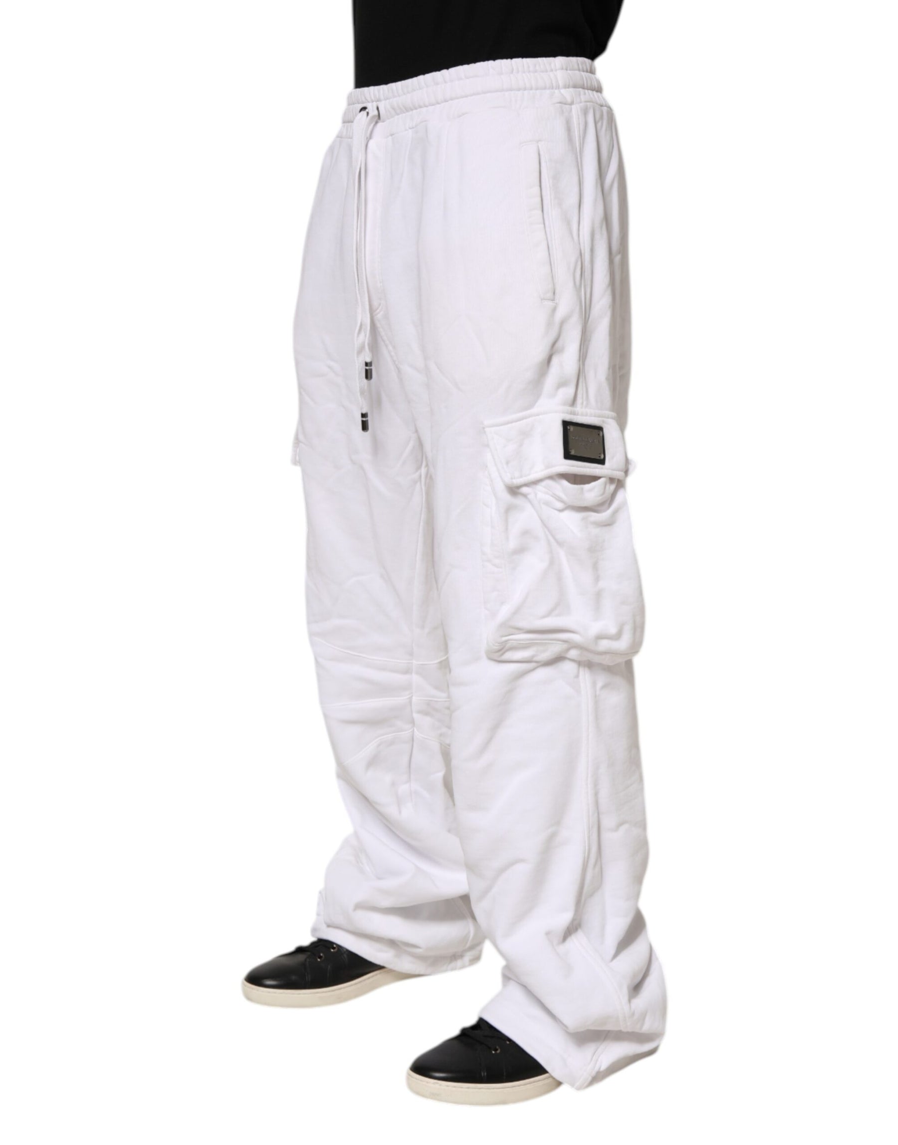 Dolce & Gabbana White Cotton Cargo Trousers Logo Patch Pants | Regal Royce