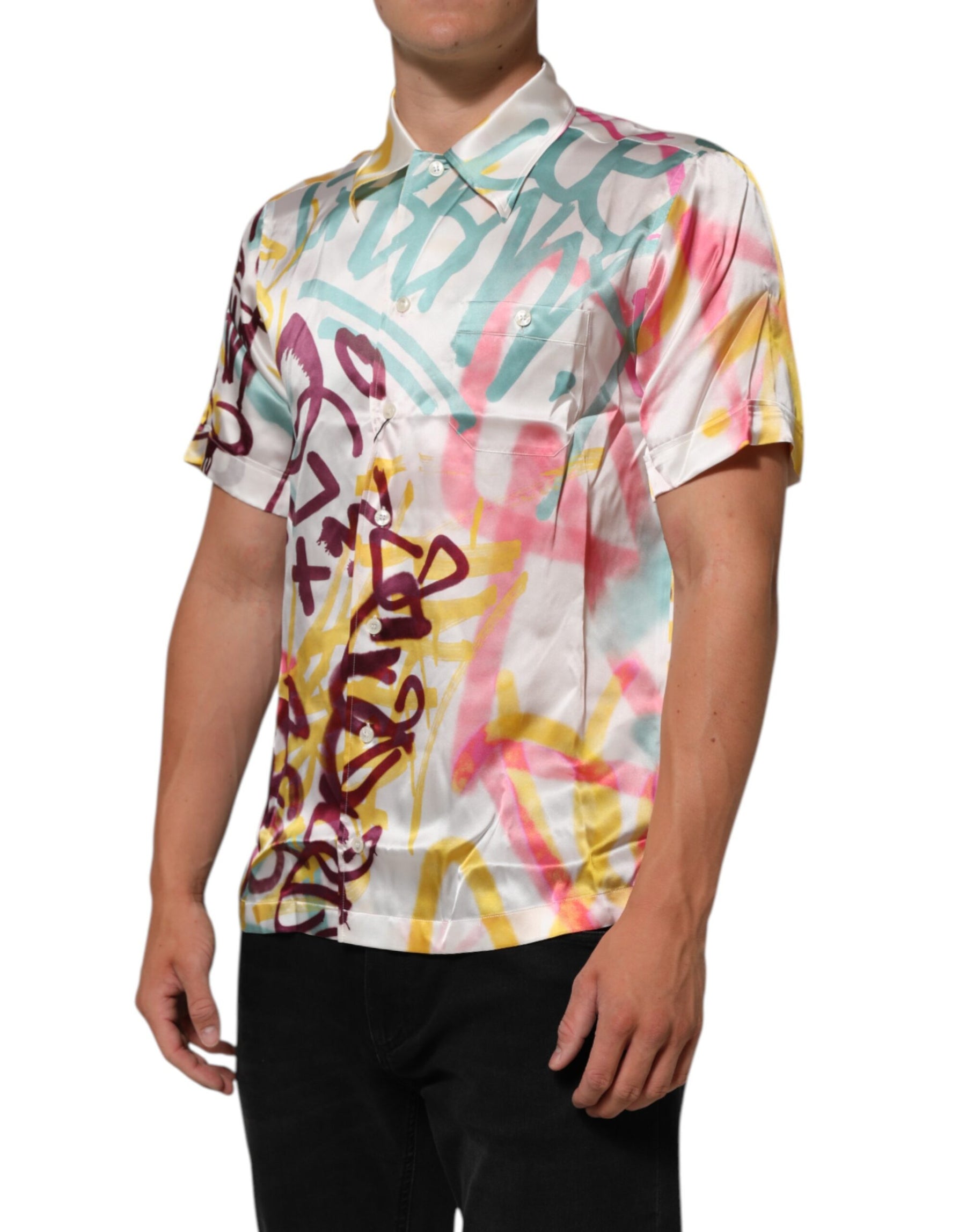 Dolce & Gabbana White Silk Hawaiian Graffiti Print Men Casual Shirt | Regal Royce