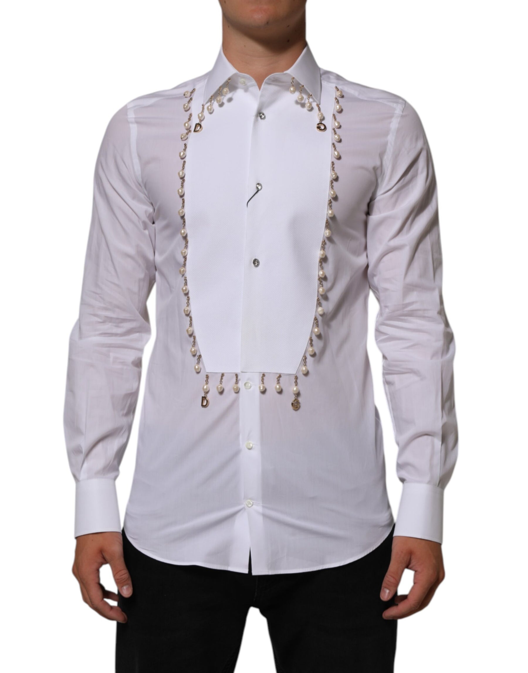 Dolce & Gabbana White Cotton DG Logo Pearl GOLD Formal Shirt | Regal Royce