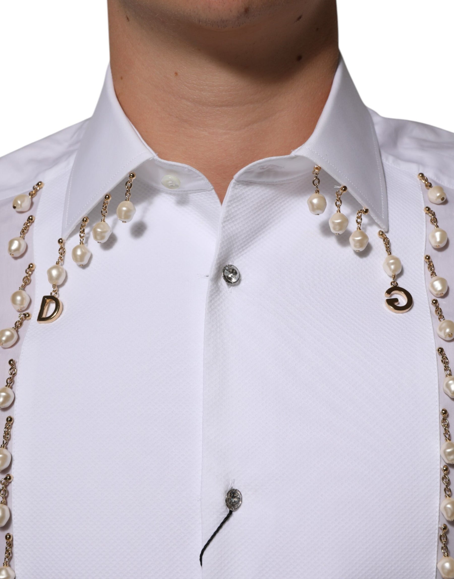 Dolce & Gabbana White Cotton DG Logo Pearl GOLD Formal Shirt | Regal Royce
