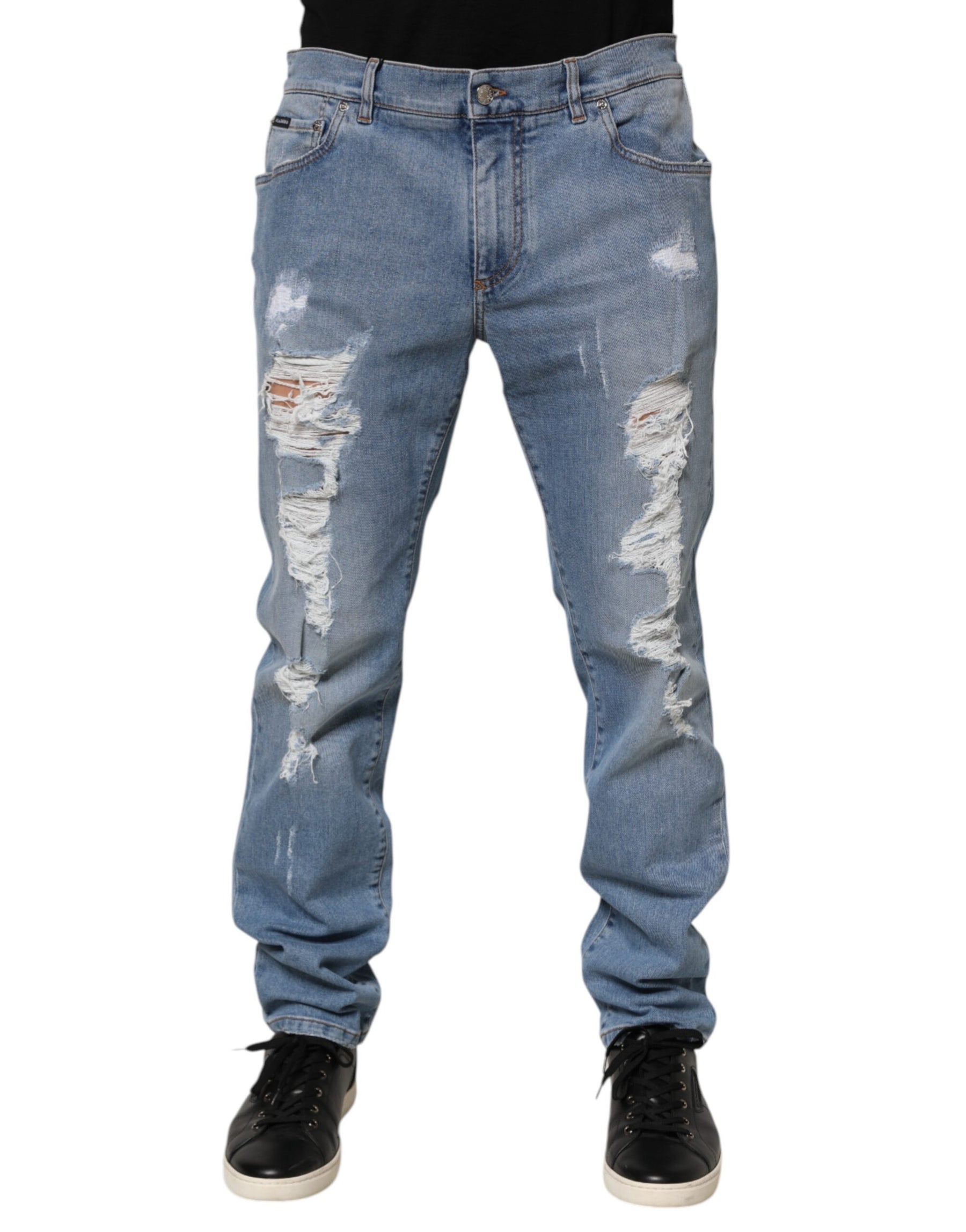Dolce & Gabbana Blue Tattered Slim Fit Cotton Denim Jeans | Regal Royce