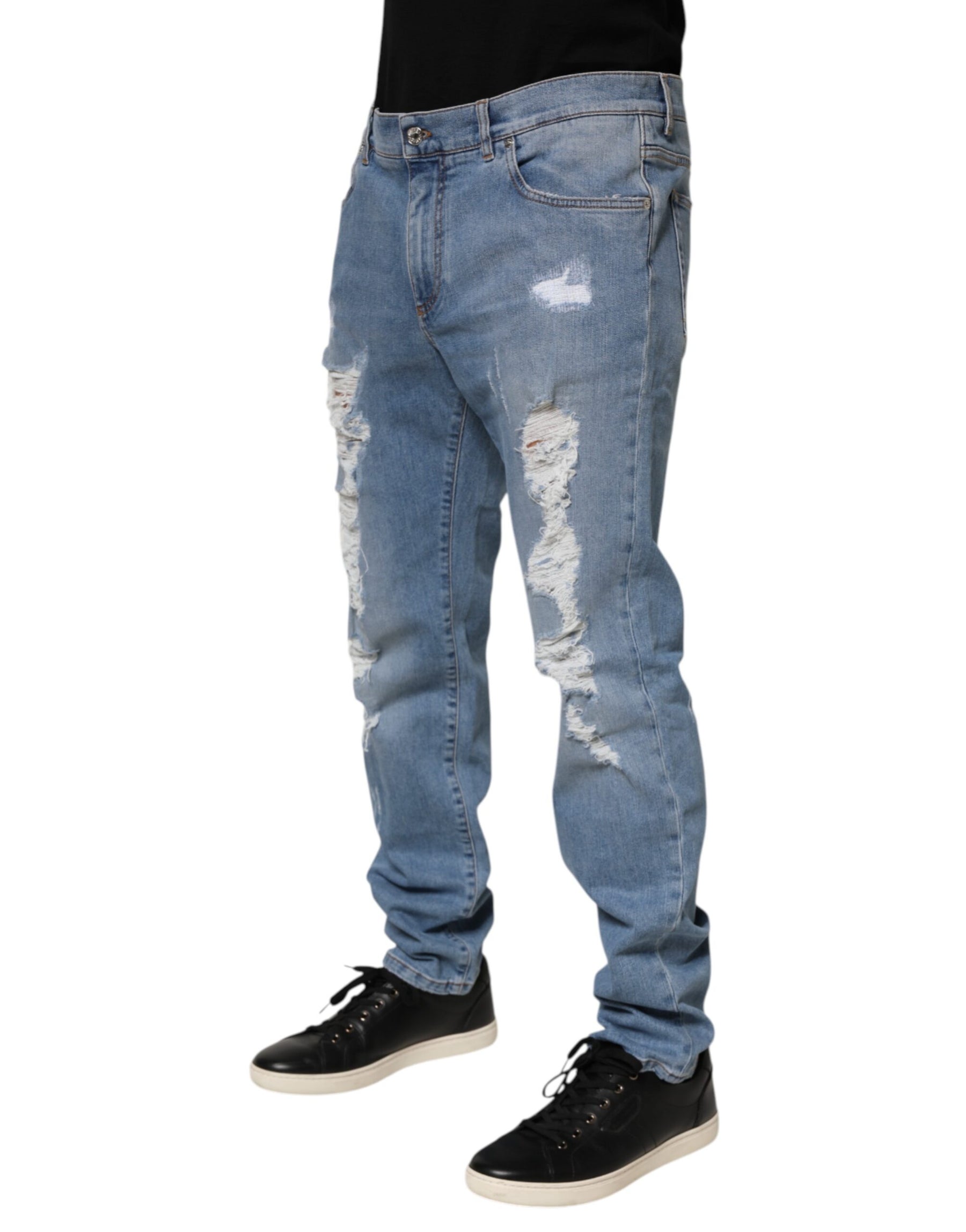Dolce & Gabbana Blue Tattered Slim Fit Cotton Denim Jeans | Regal Royce