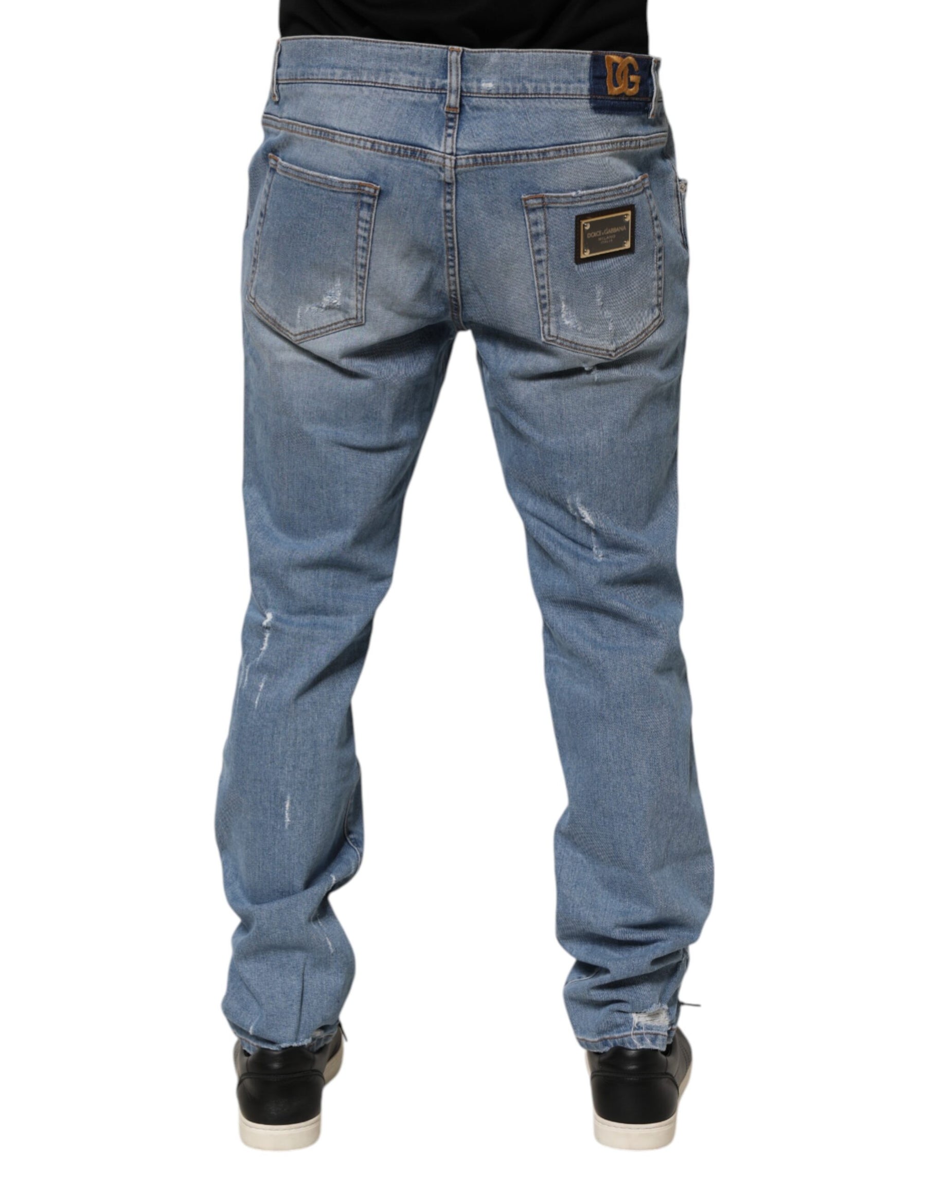 Dolce & Gabbana Blue Tattered Slim Fit Cotton Denim Jeans | Regal Royce