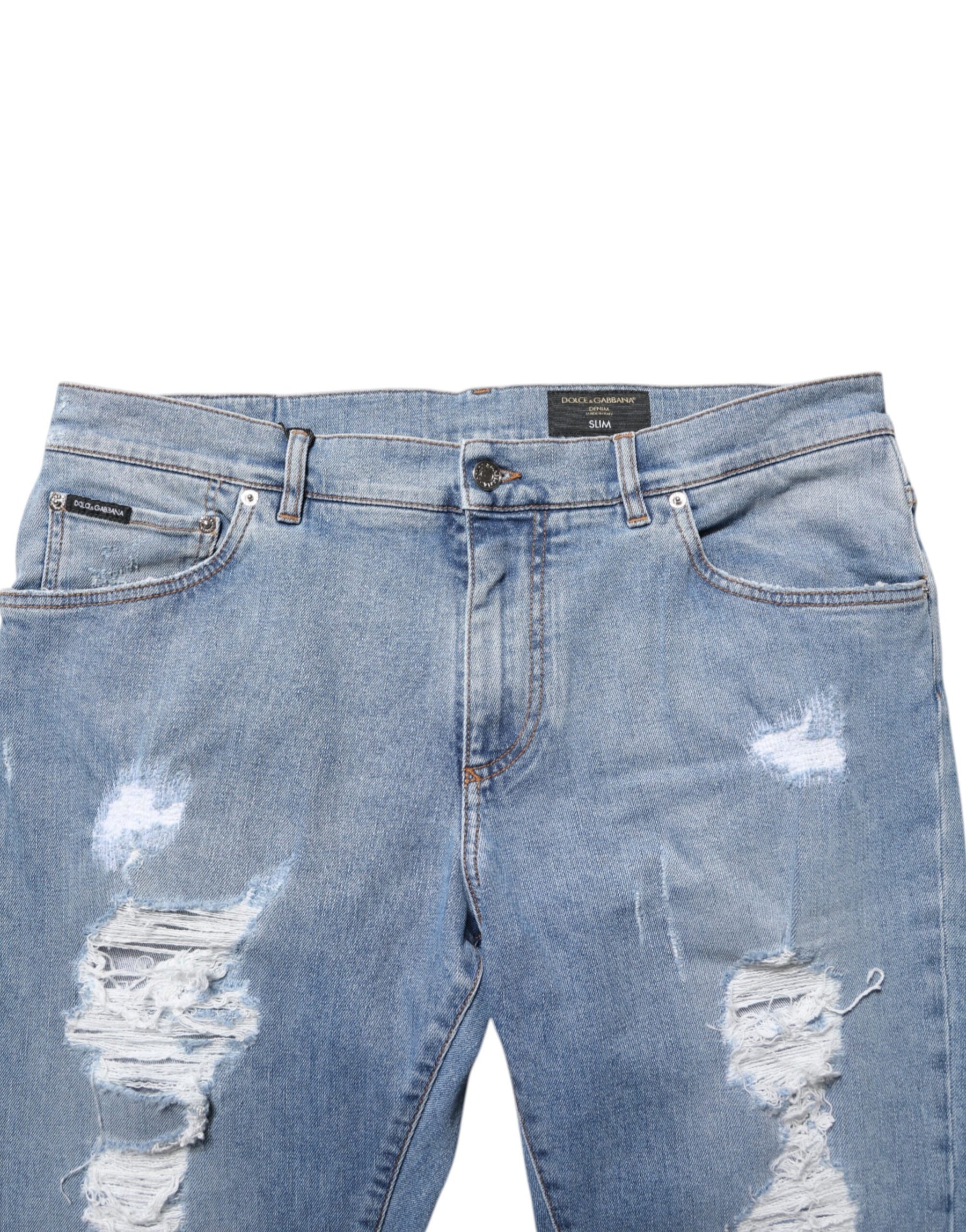 Dolce & Gabbana Blue Tattered Slim Fit Cotton Denim Jeans | Regal Royce