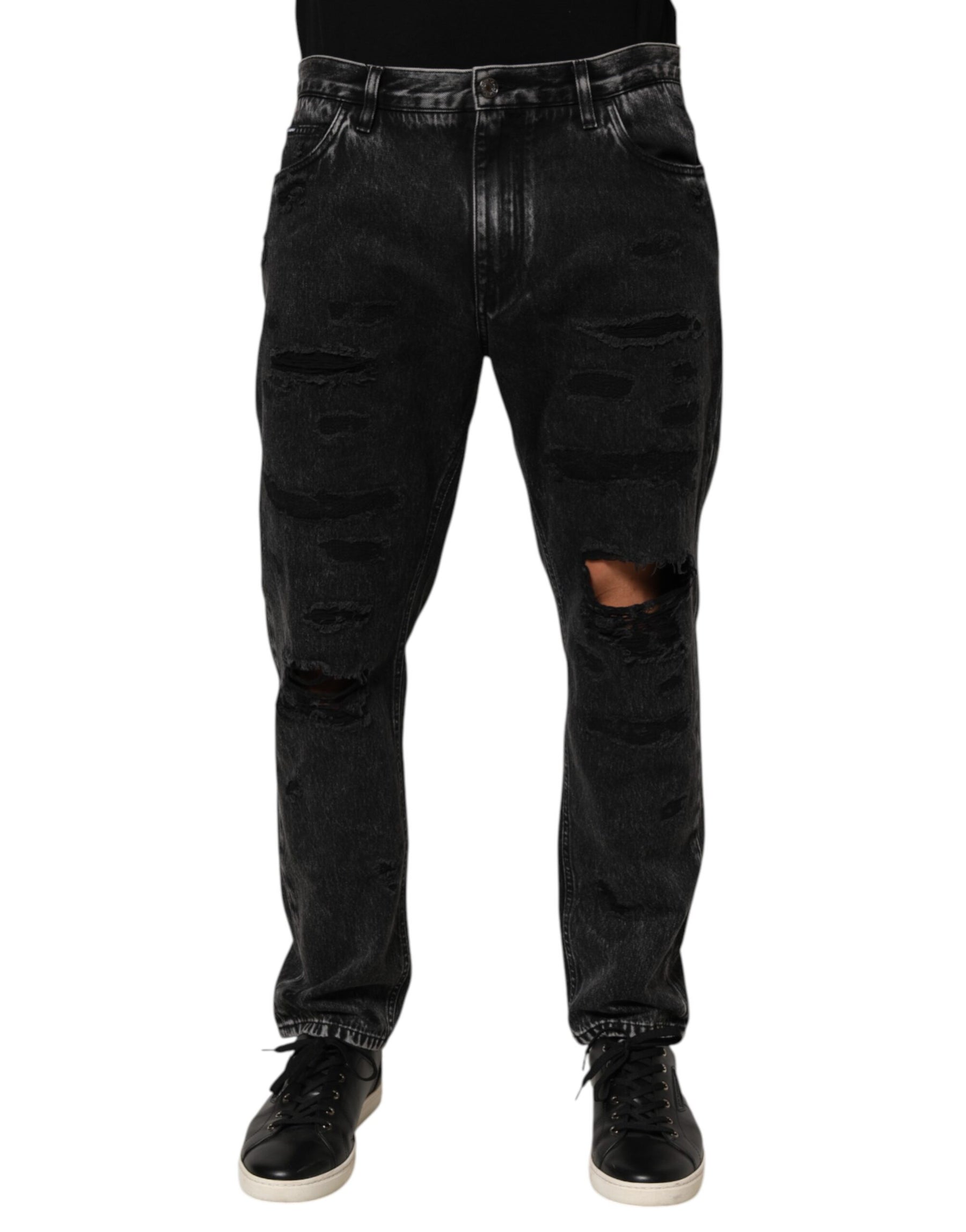 Dolce & Gabbana Black Washed Ripped Loose Cotton Denim Jeans | Regal Royce