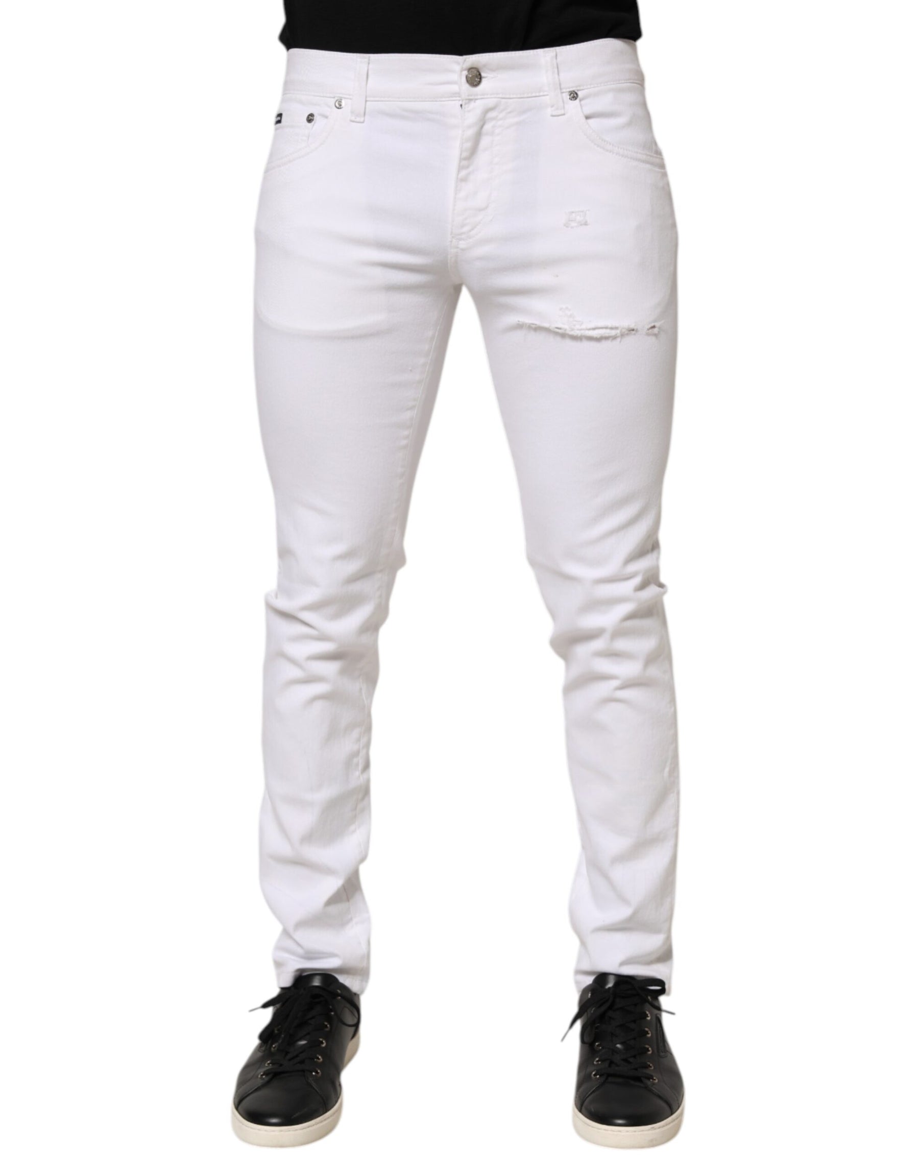 Dolce & Gabbana White Ripped Cotton Skinny Men Denim Jeans | Regal Royce
