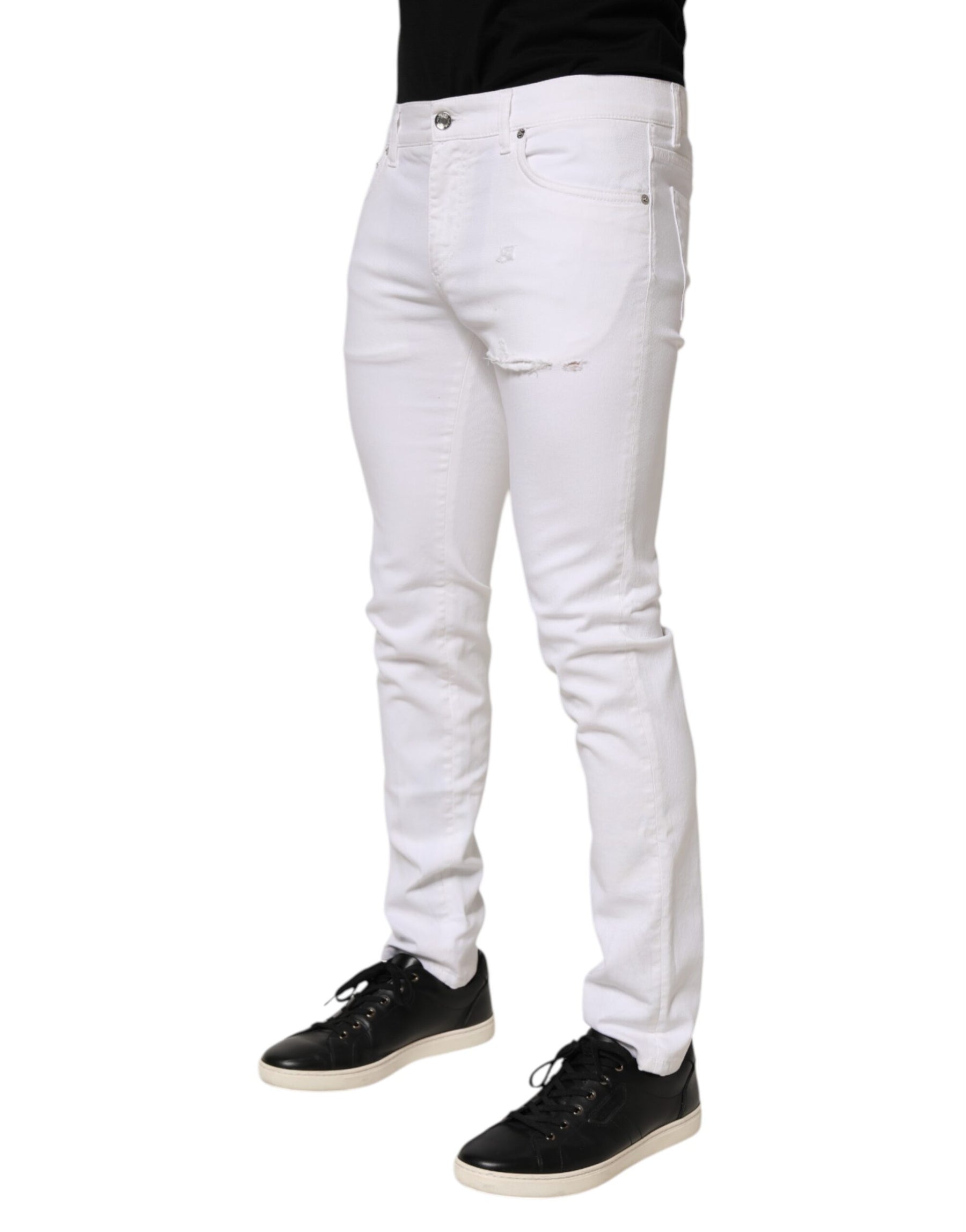 Dolce & Gabbana White Ripped Cotton Skinny Men Denim Jeans | Regal Royce