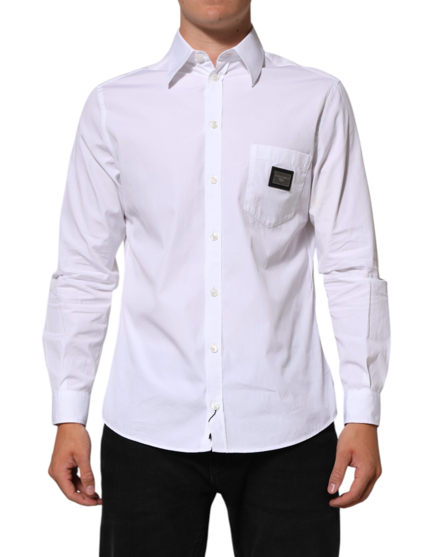 Dolce & Gabbana White Logo Plaque Collared Formal Dress  Shirt | Regal Royce