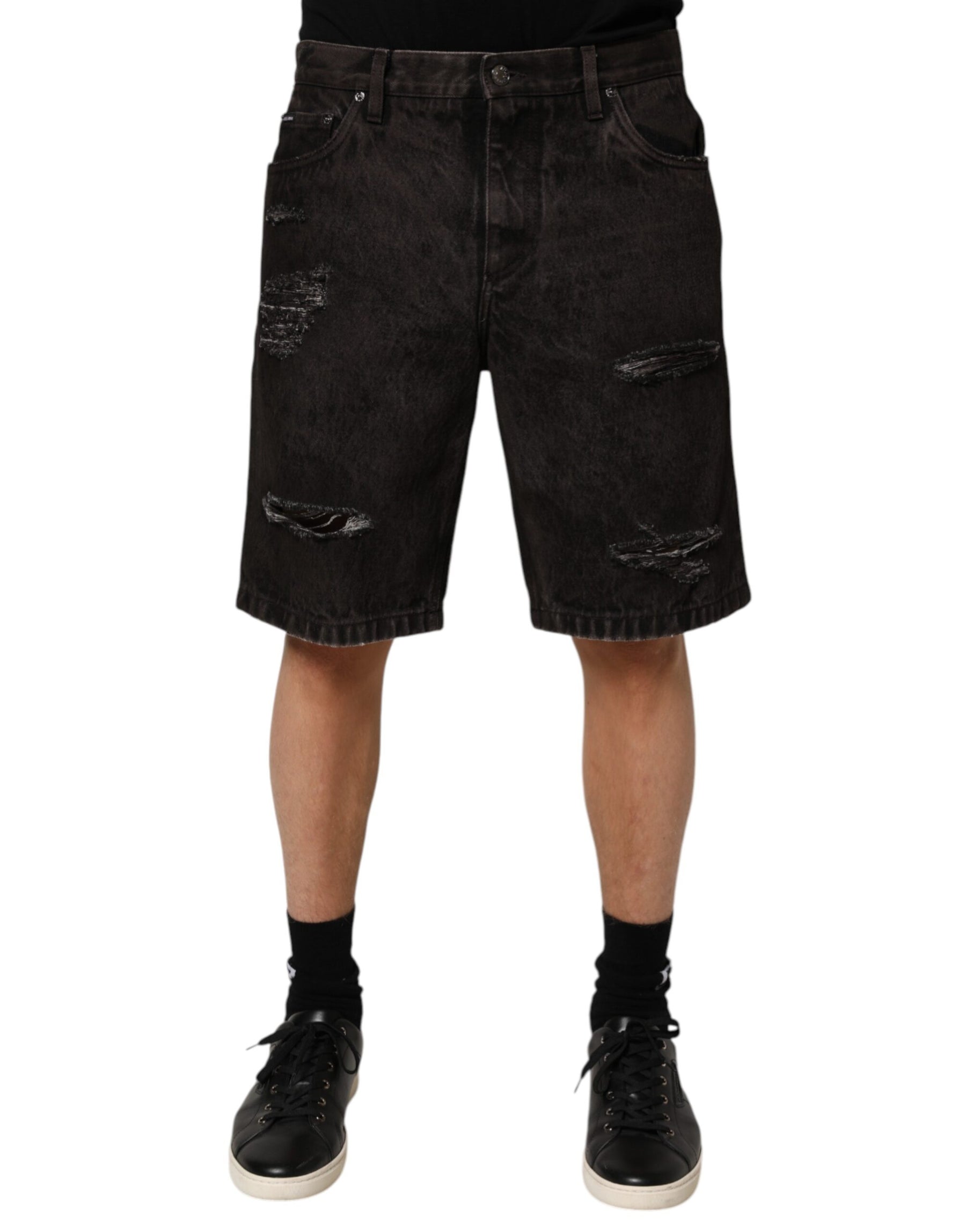 Dolce & Gabbana Black Cotton Tattered Denim Men Bermuda Short | Regal Royce