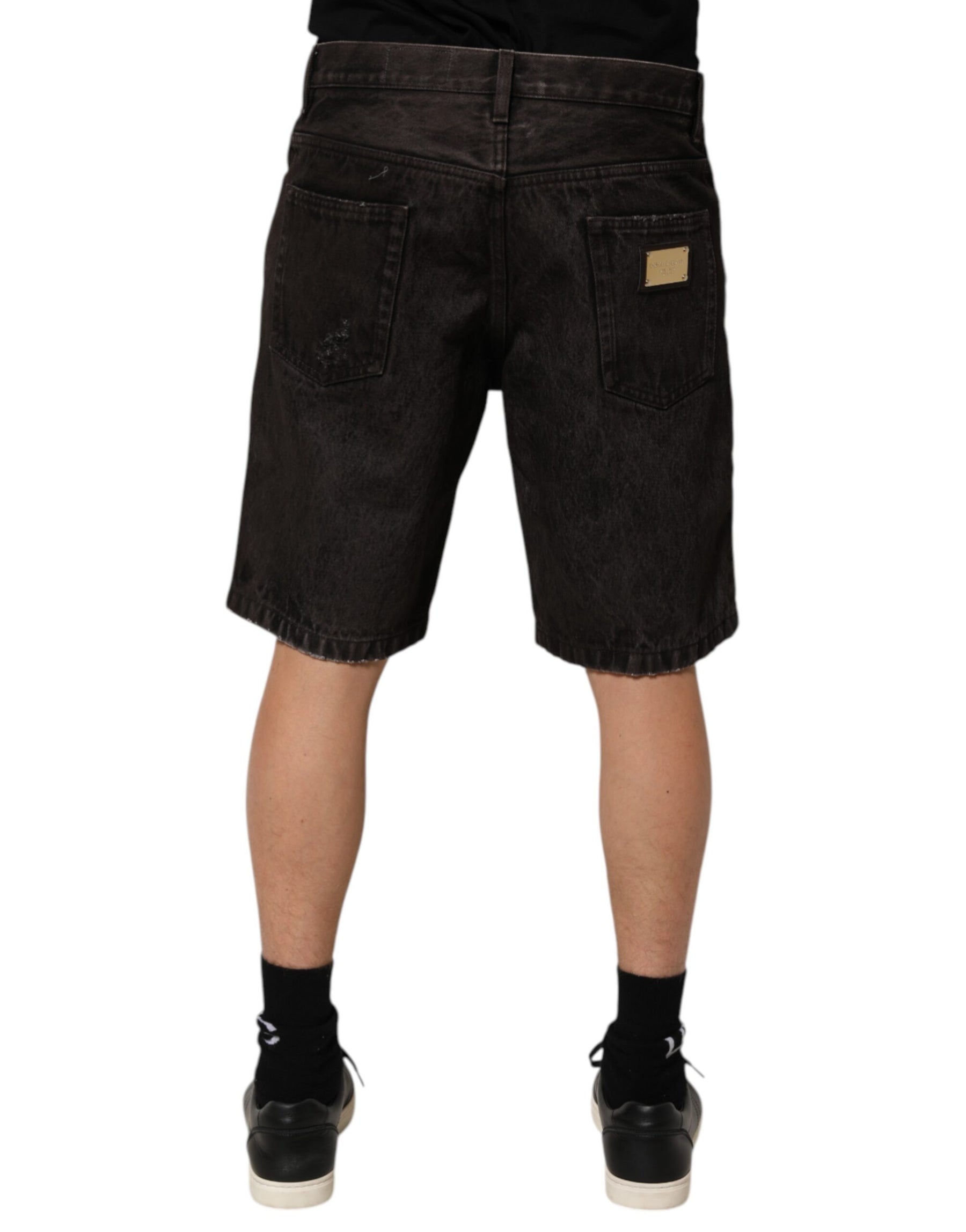 Dolce & Gabbana Black Cotton Tattered Denim Men Bermuda Short | Regal Royce