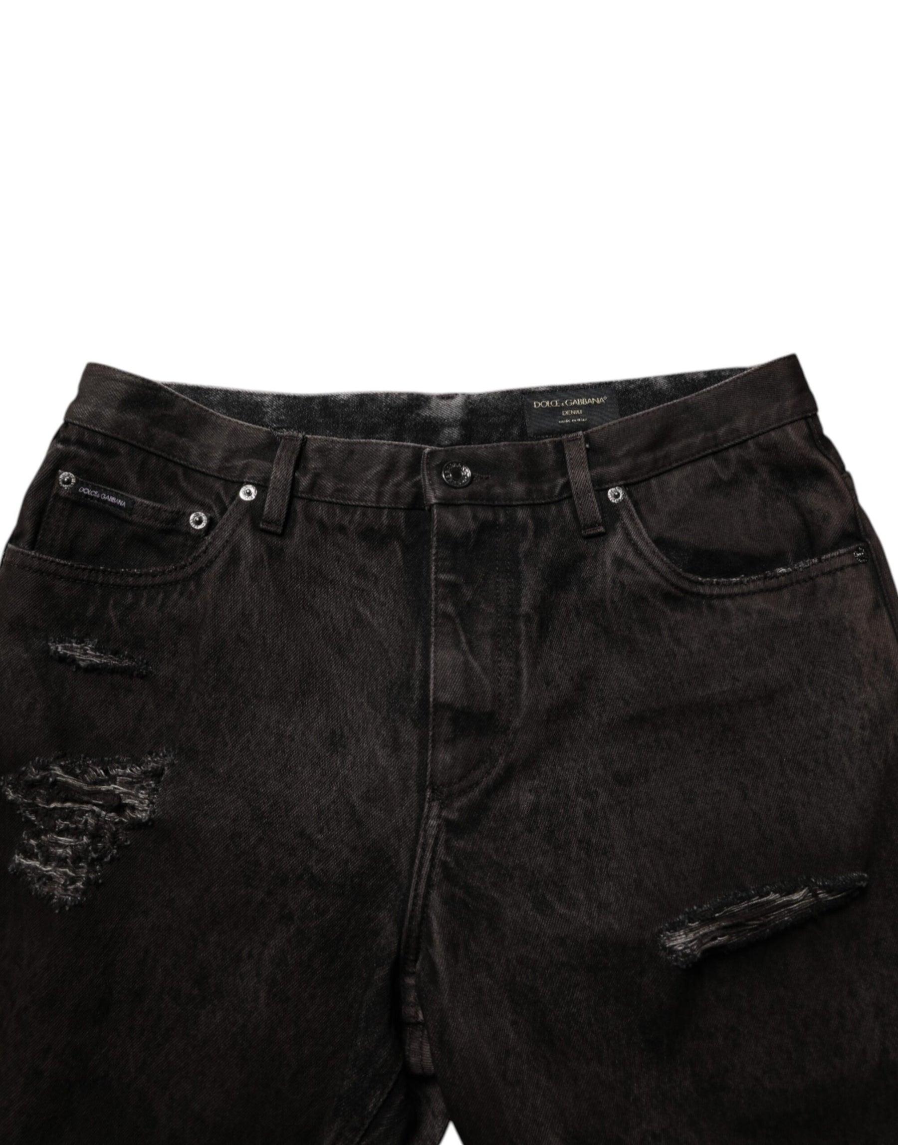 Dolce & Gabbana Black Cotton Tattered Denim Men Bermuda Short | Regal Royce