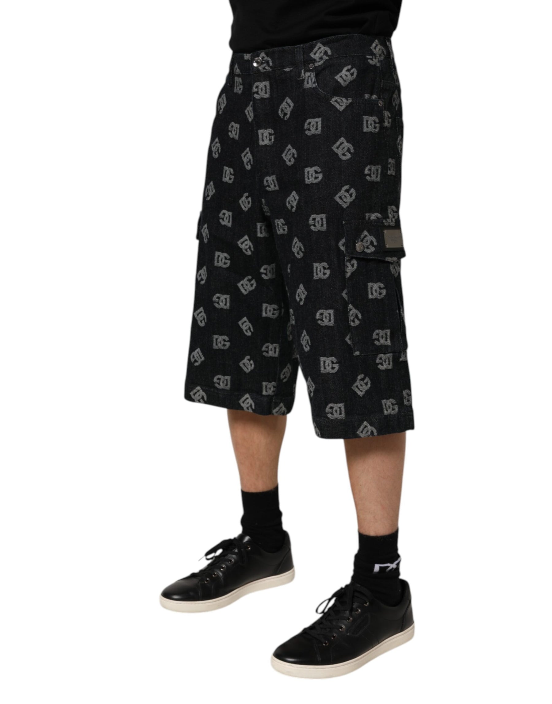 Dolce & Gabbana Black Monogram Denim Cargo Men Bermuda Short | Regal Royce