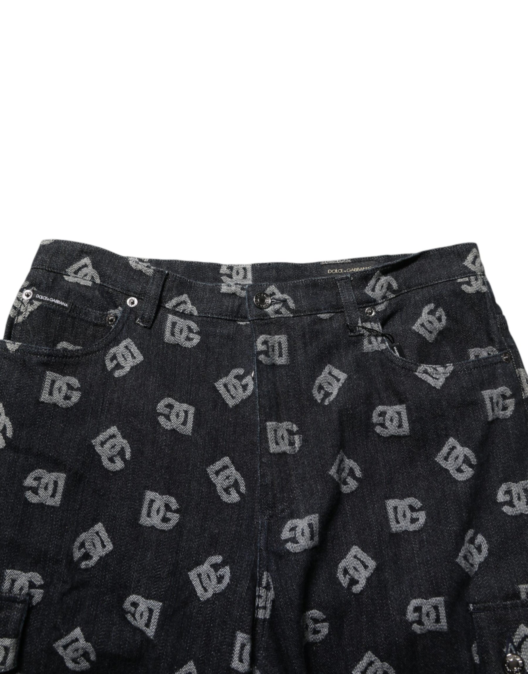 Dolce & Gabbana Black Monogram Denim Cargo Men Bermuda Short | Regal Royce