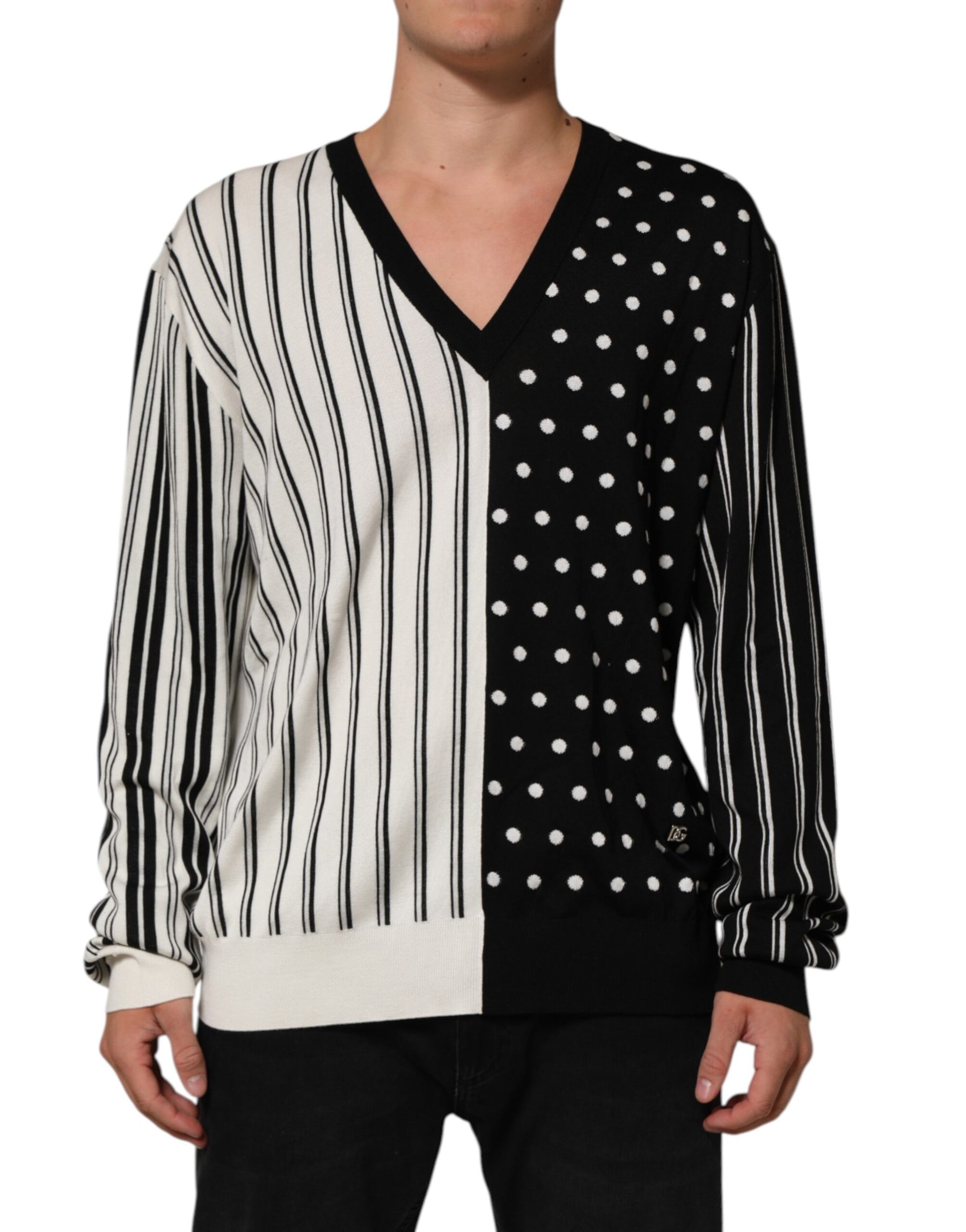 Dolce & Gabbana Black White Stripe Polka V-Neck Pullover Sweater | Regal Royce
