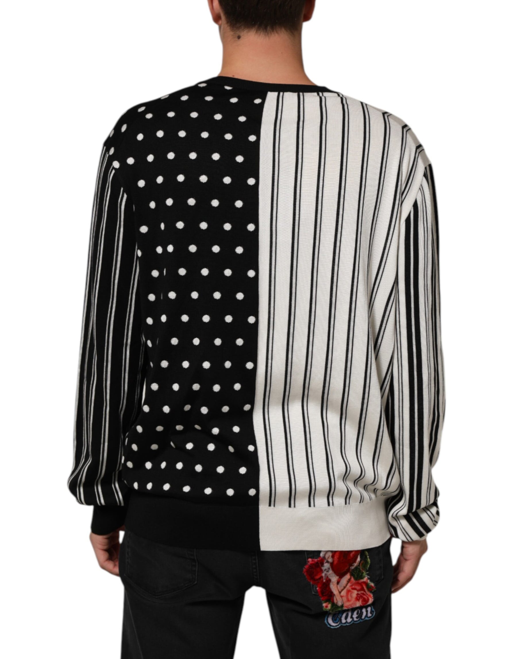 Dolce & Gabbana Black White Stripe Polka V-Neck Pullover Sweater | Regal Royce