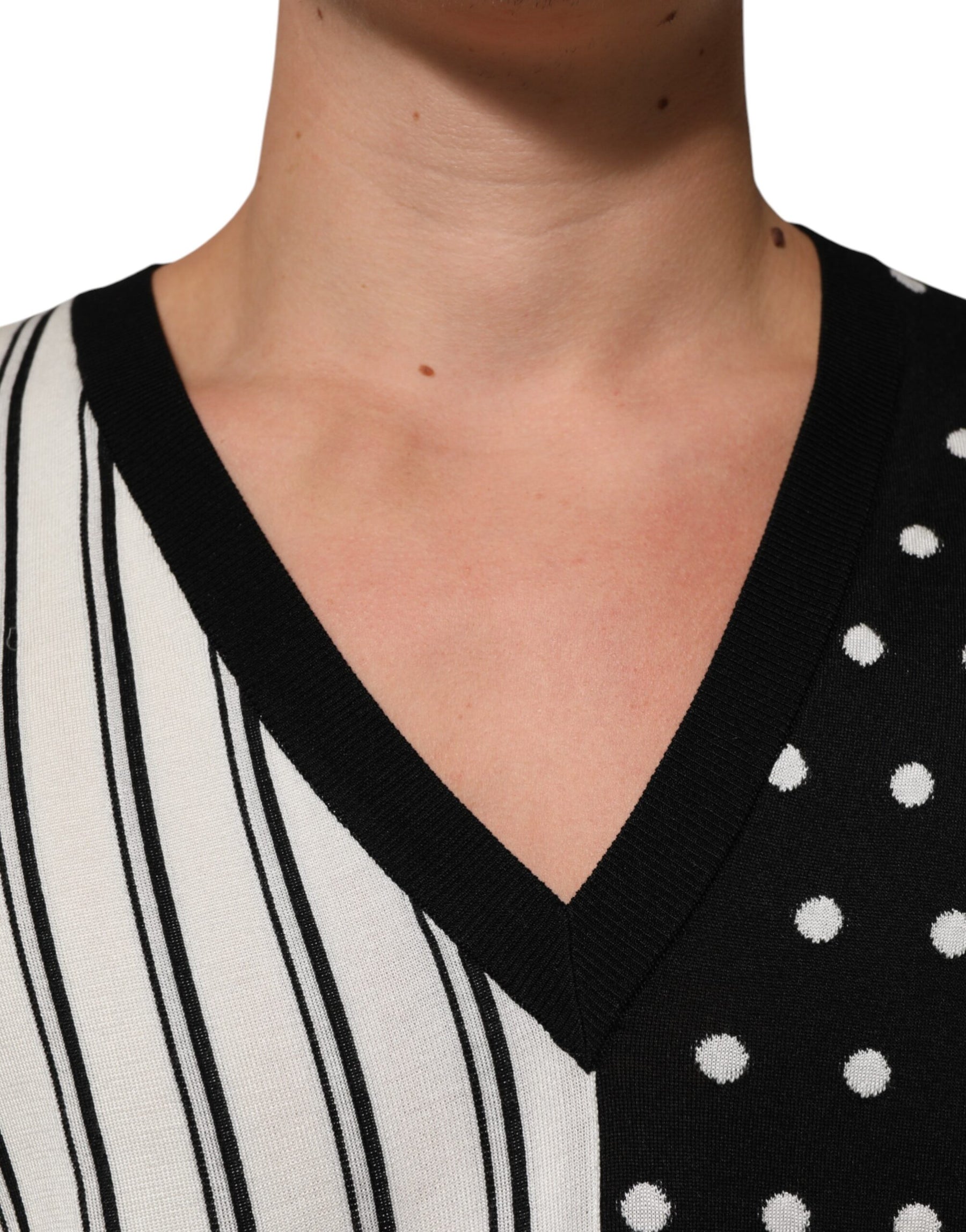 Dolce & Gabbana Black White Stripe Polka V-Neck Pullover Sweater | Regal Royce