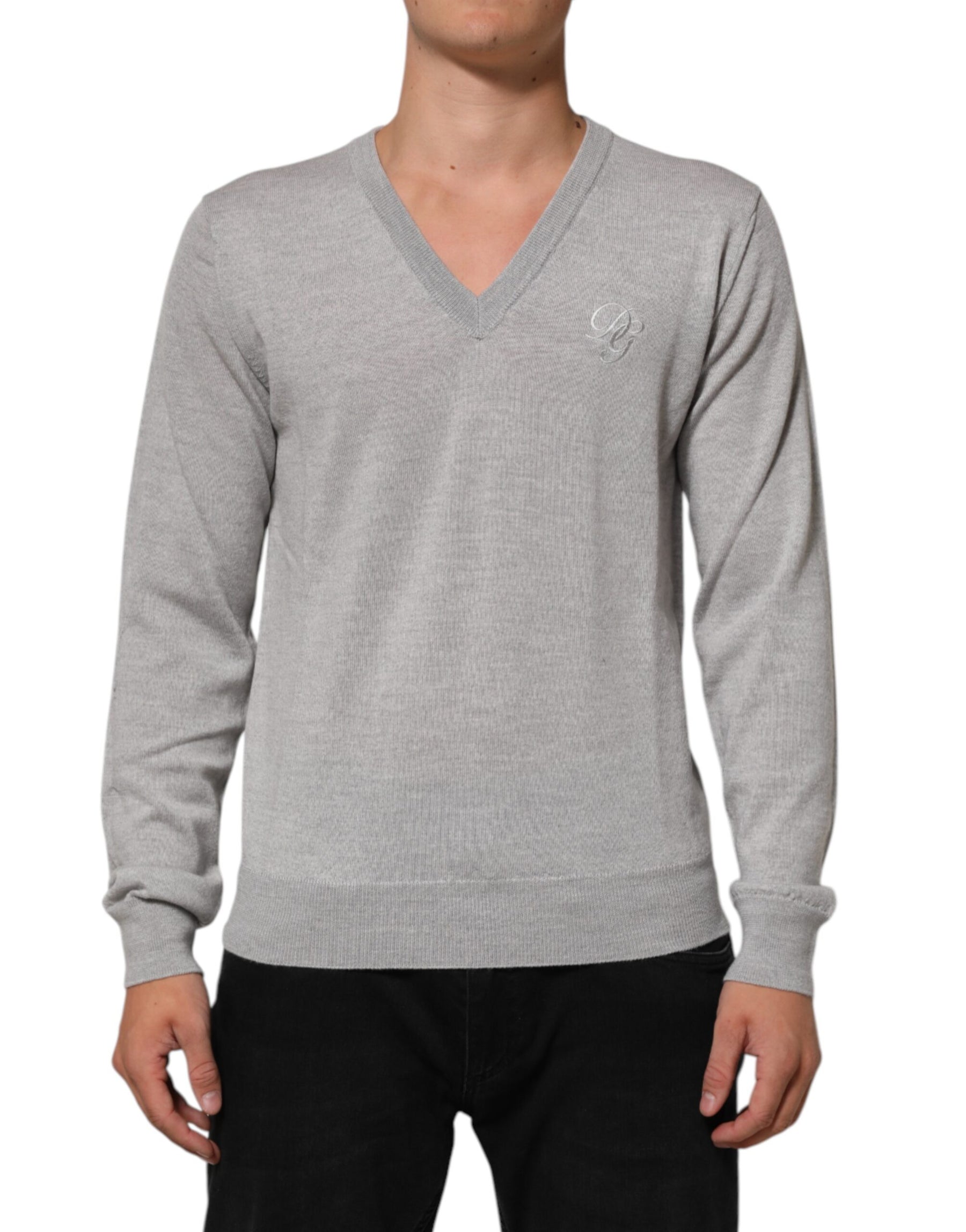 Dolce & Gabbana Gray Wool Knit Logo V-Neck Pullover Sweater | Regal Royce