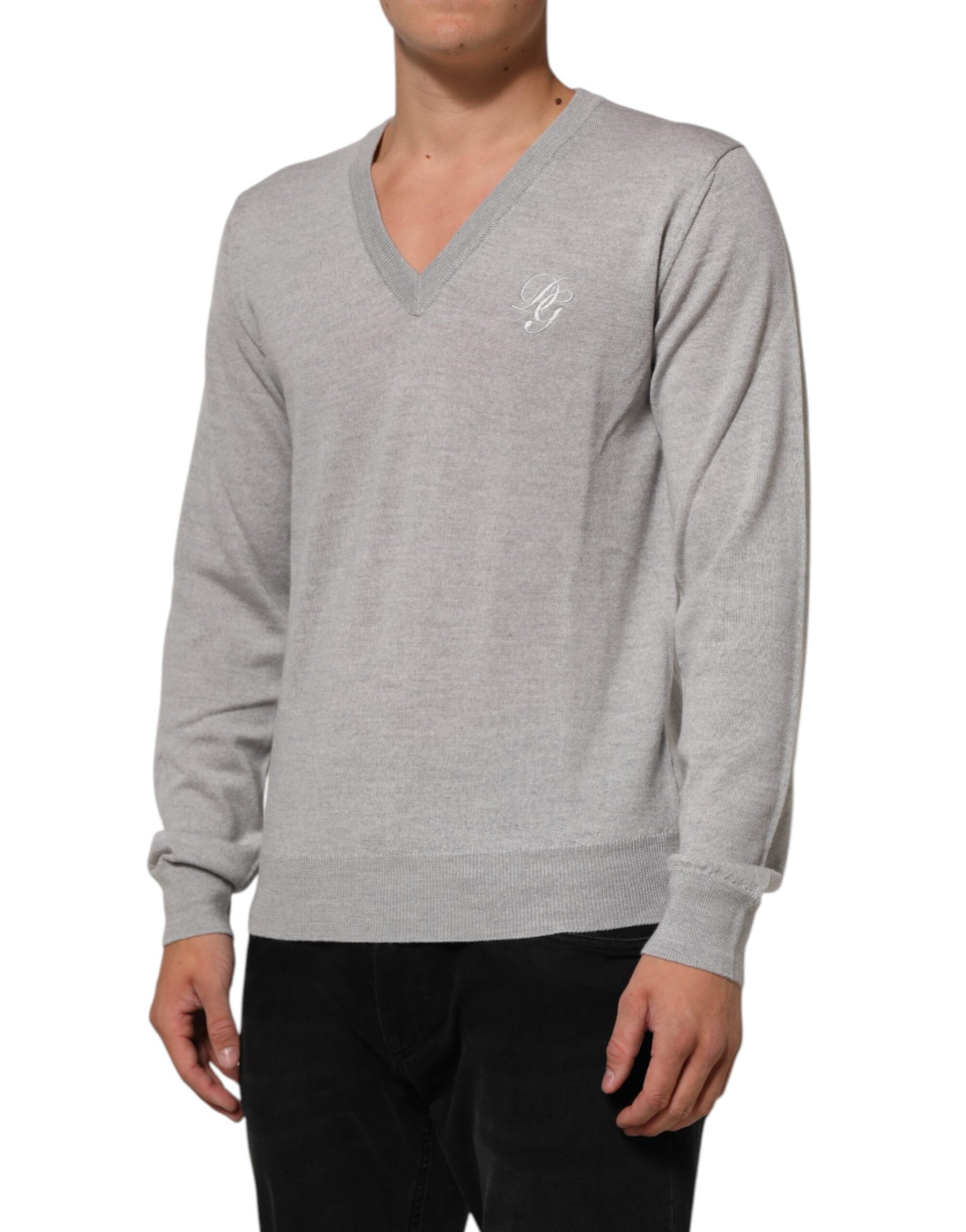 Dolce & Gabbana Gray Wool Knit Logo V-Neck Pullover Sweater | Regal Royce