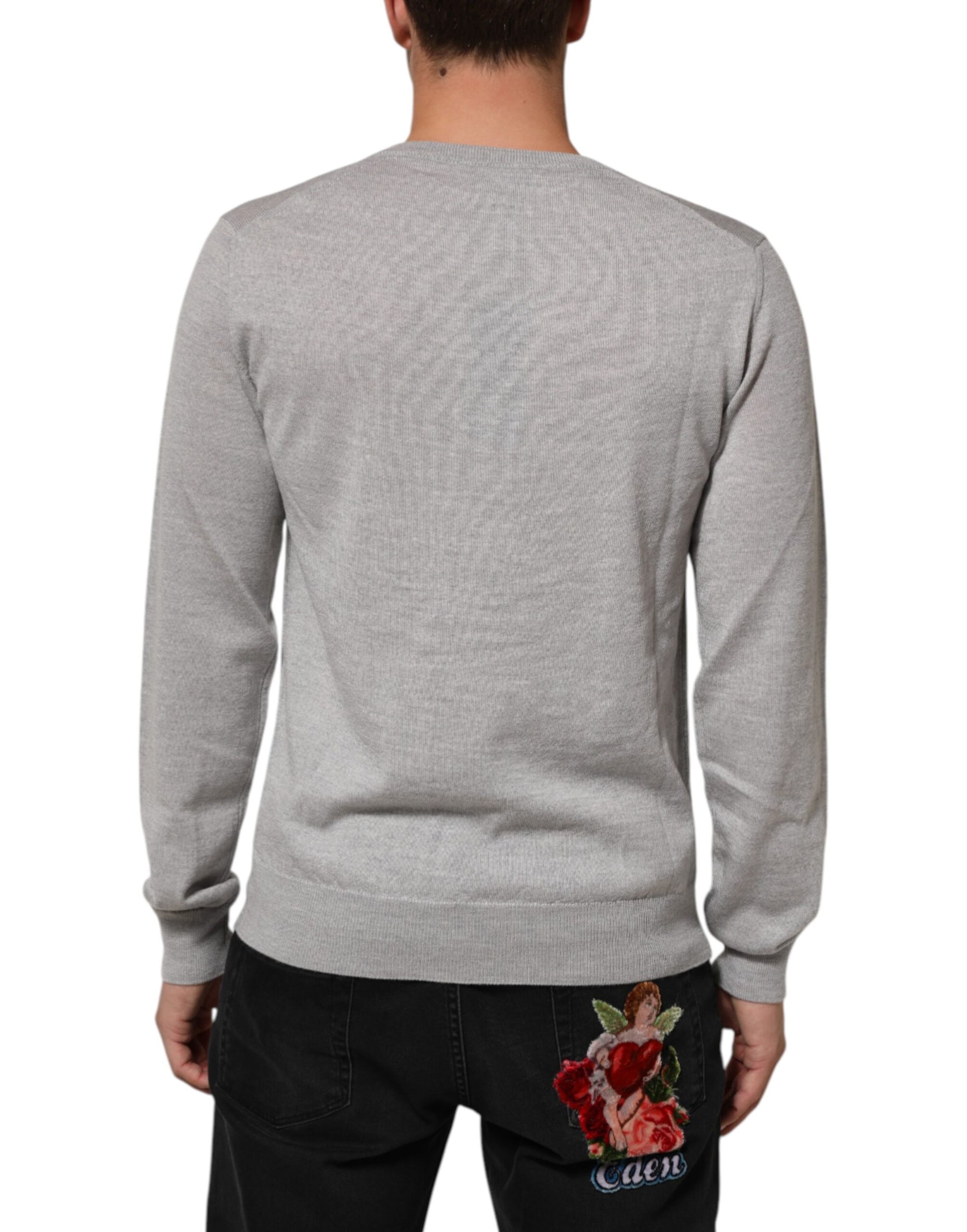Dolce & Gabbana Gray Wool Knit Logo V-Neck Pullover Sweater | Regal Royce