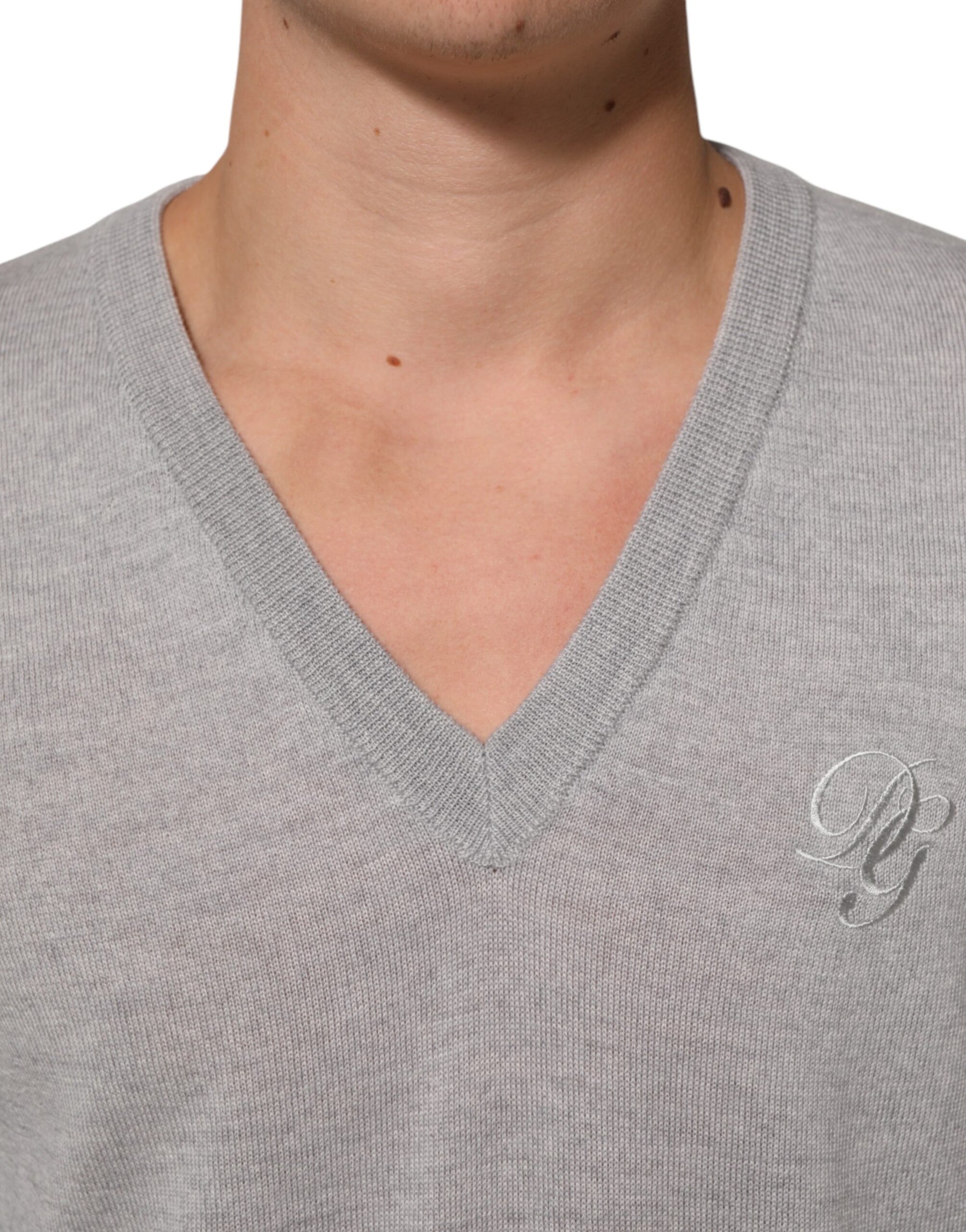 Dolce & Gabbana Gray Wool Knit Logo V-Neck Pullover Sweater | Regal Royce