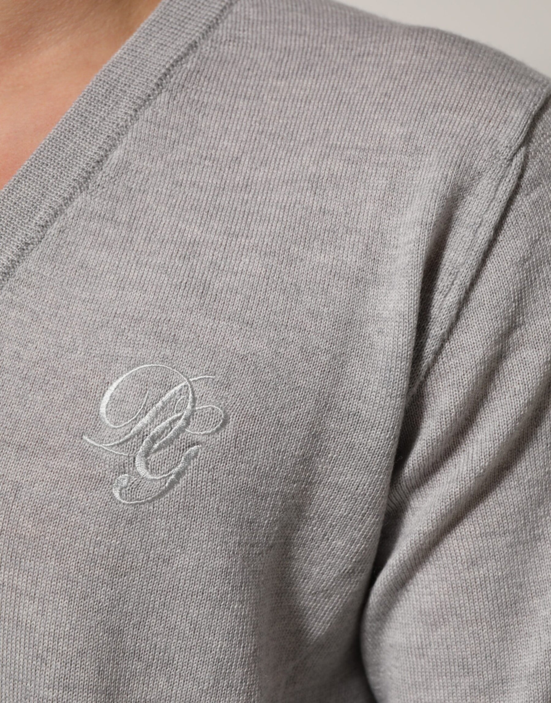 Dolce & Gabbana Gray Wool Knit Logo V-Neck Pullover Sweater | Regal Royce