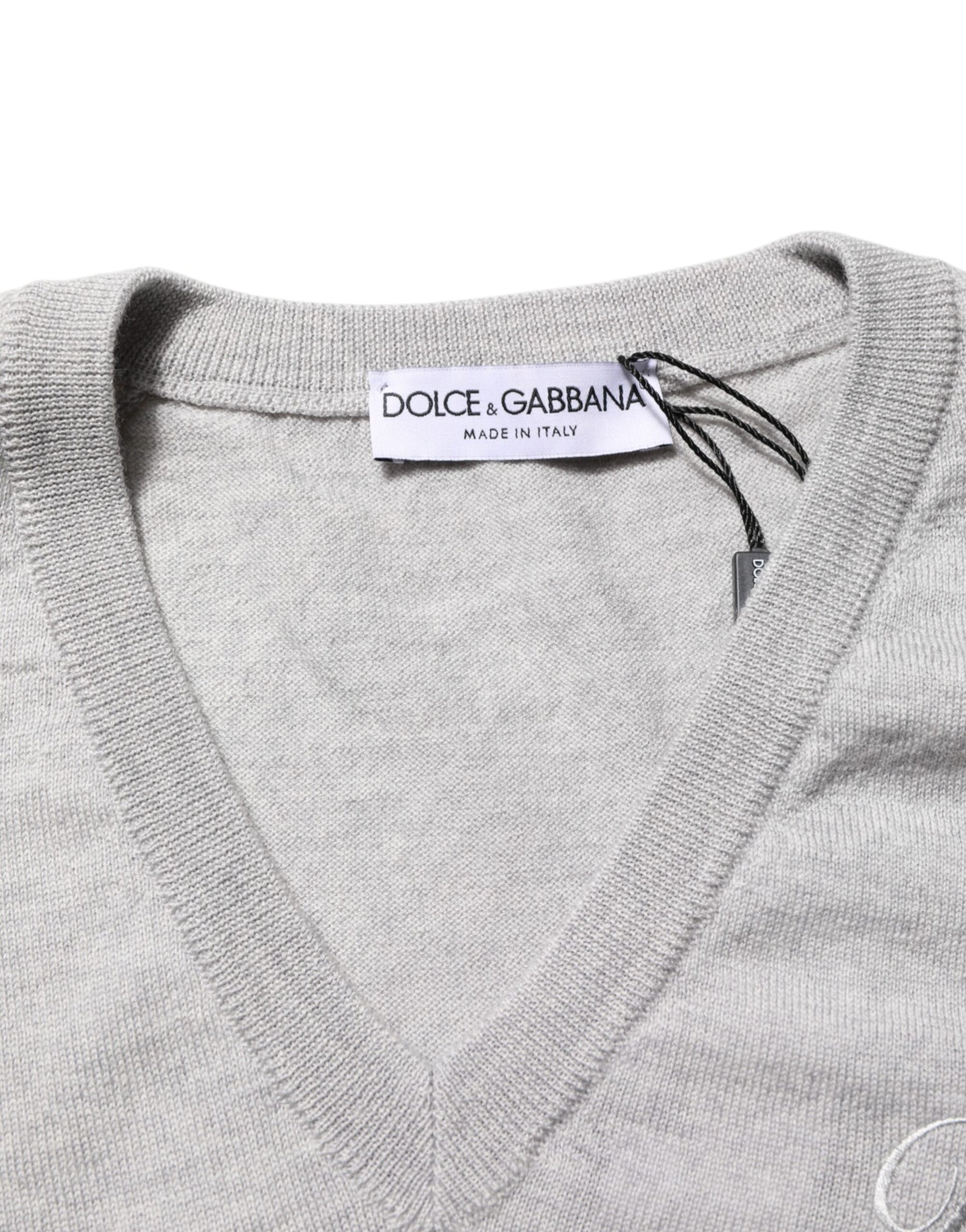 Dolce & Gabbana Gray Wool Knit Logo V-Neck Pullover Sweater | Regal Royce