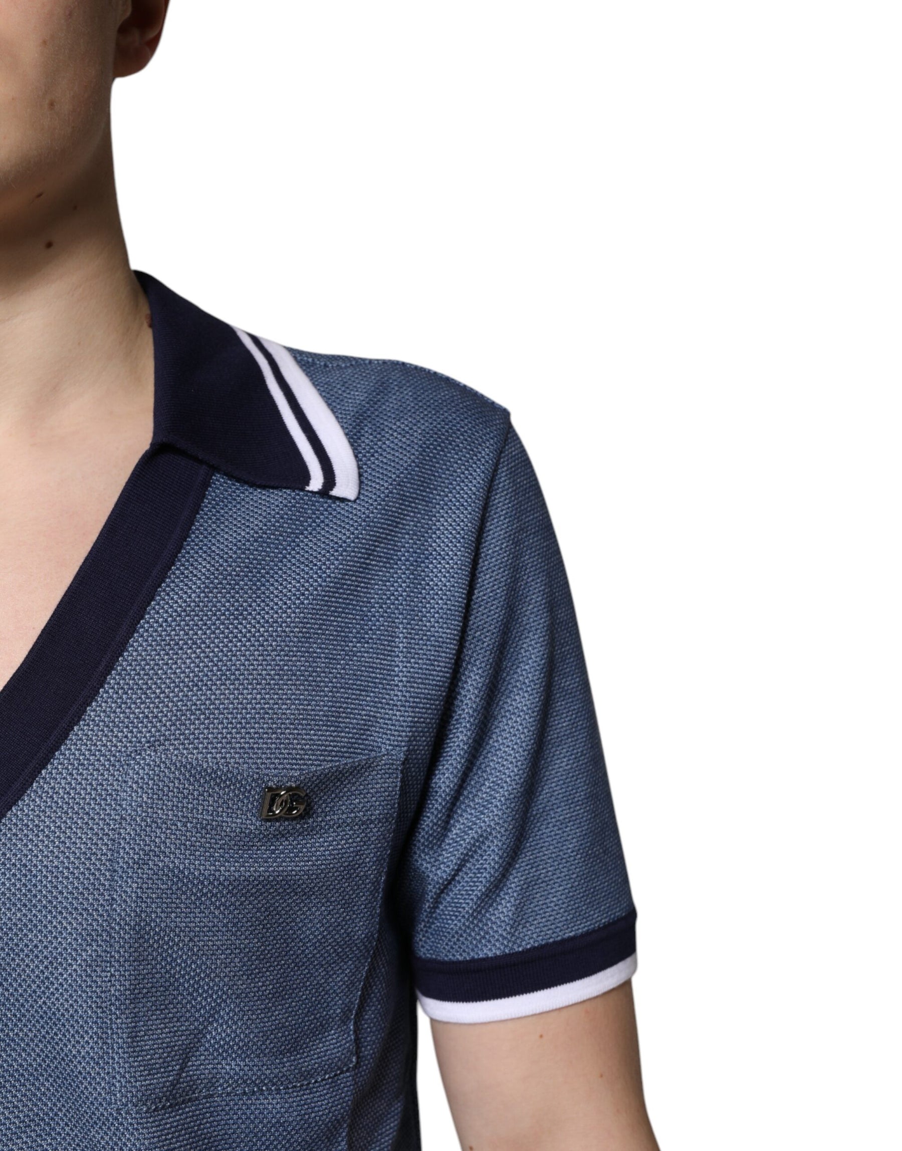 Dolce & Gabbana Blue Collared V-neck Silk Blend Polo T-shirt | Regal Royce