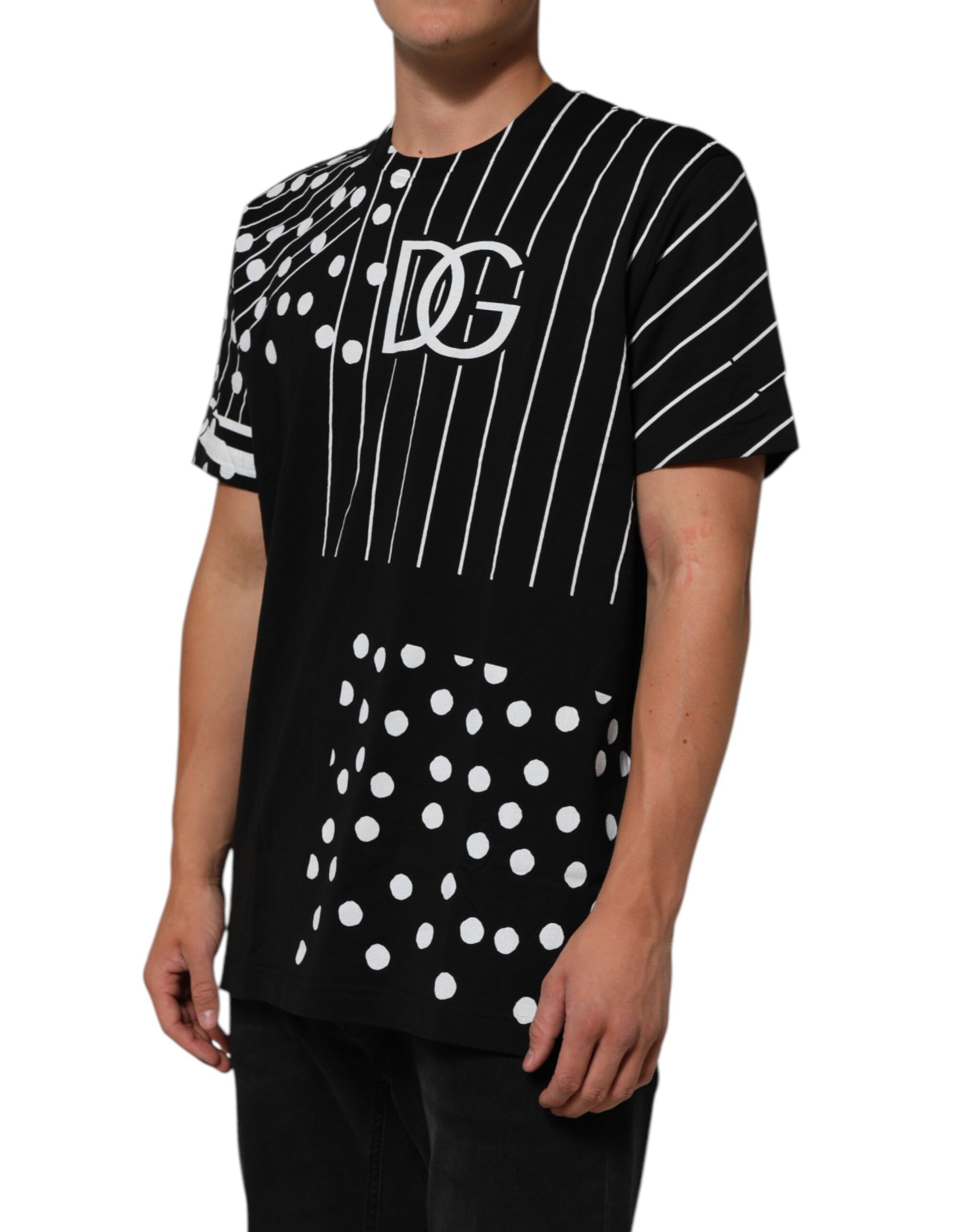 Dolce & Gabbana Black Cotton Polka Dots Round Neck T-shirt | Regal Royce