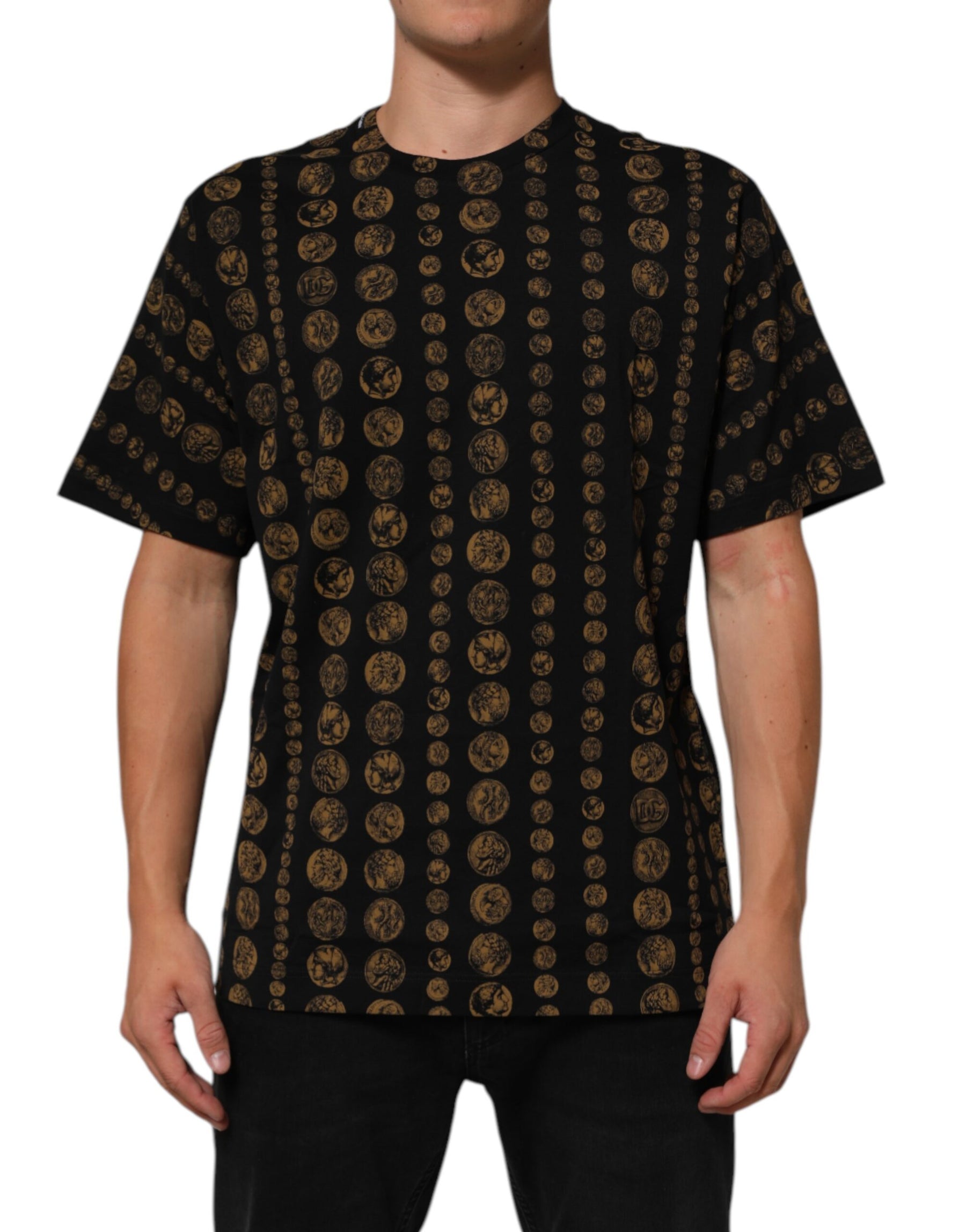 Dolce & Gabbana Black Cotton Coin Print Crew Neck T-shirt | Regal Royce
