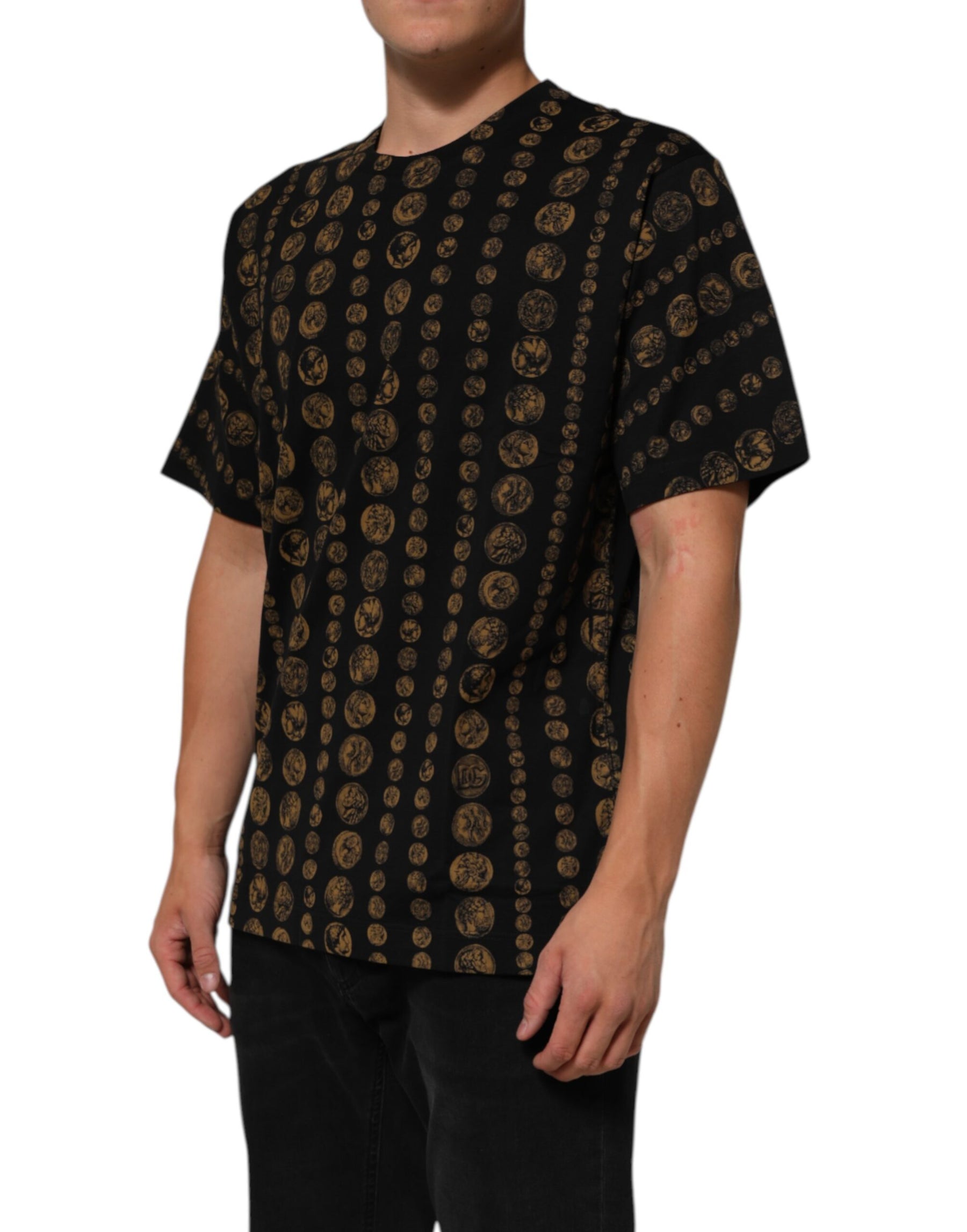 Dolce & Gabbana Black Cotton Coin Print Crew Neck T-shirt | Regal Royce