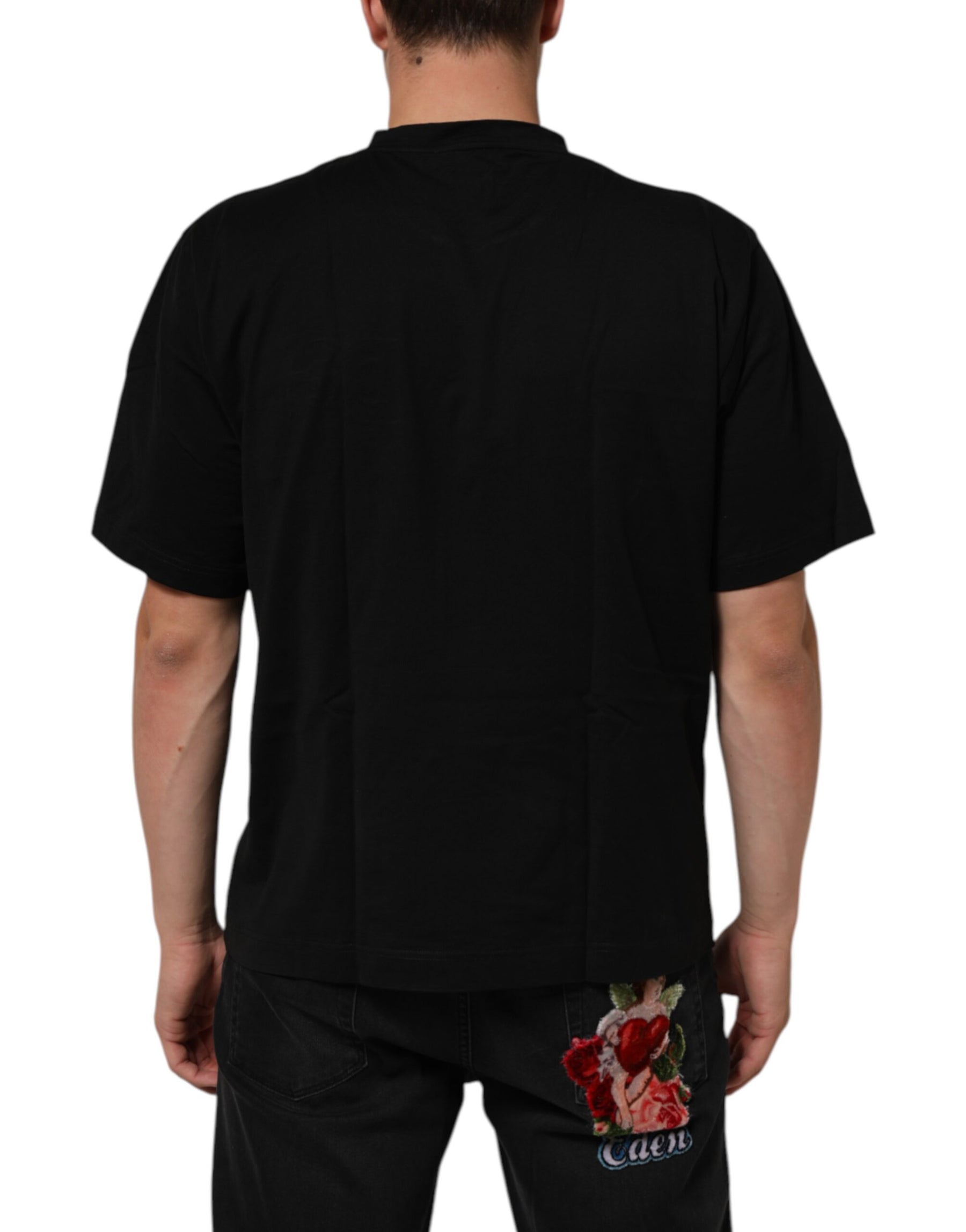 Dolce & Gabbana Black Logo Patch Cotton Men Crew Neck T-shirt | Regal Royce