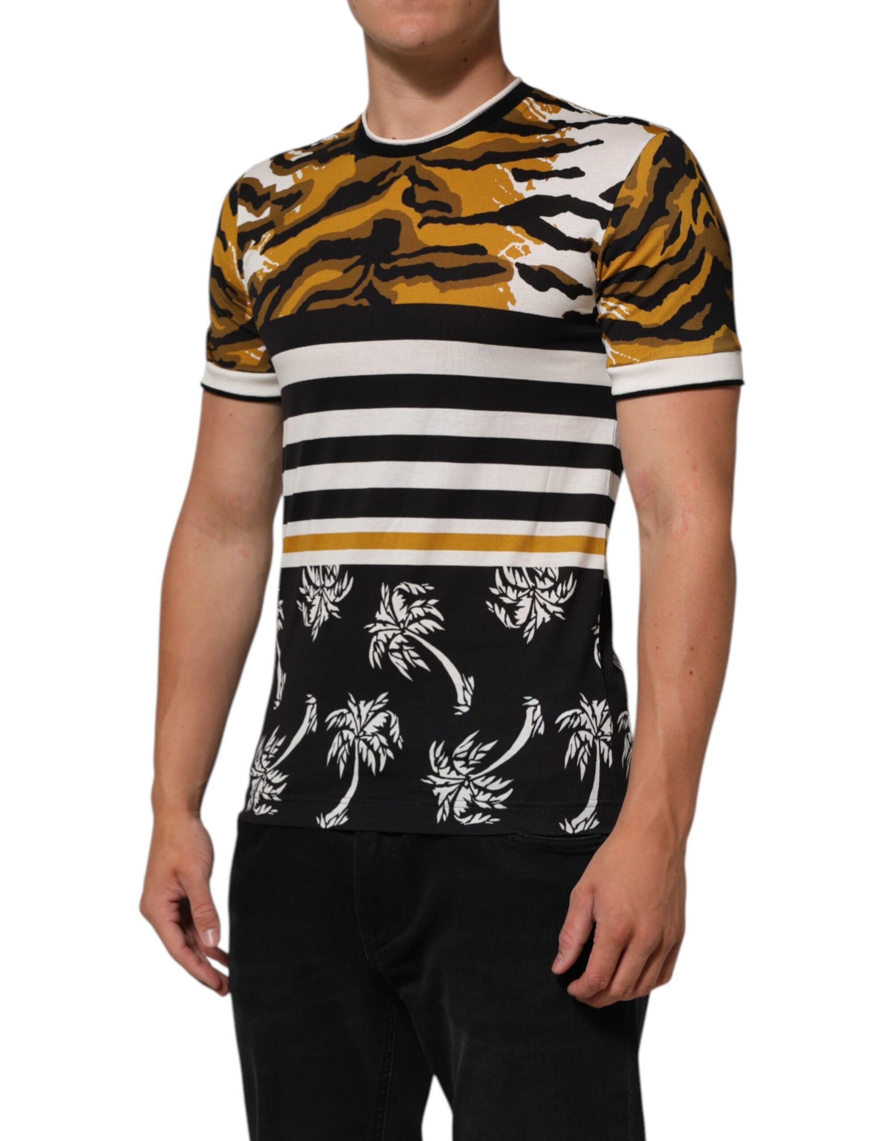 Dolce & Gabbana Multicolor Leopard Palm Leaf Men Crew Neck T-shirt | Regal Royce