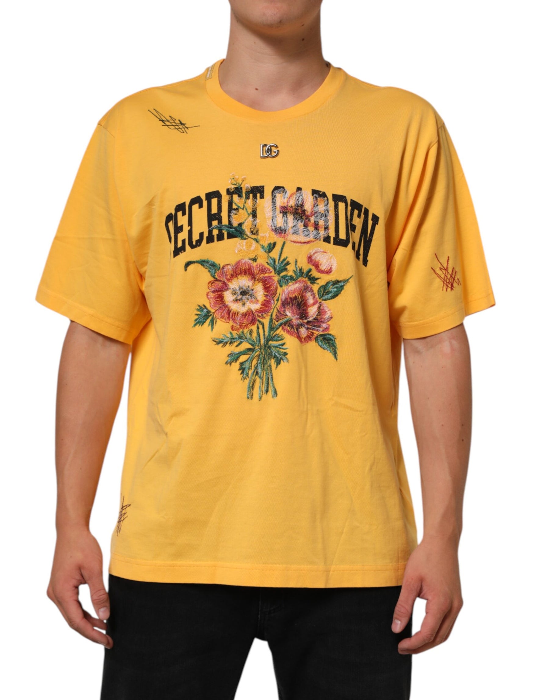 Dolce & Gabbana Yellow Secret Graden Floral Cotton CrewNeck T-shirt | Regal Royce